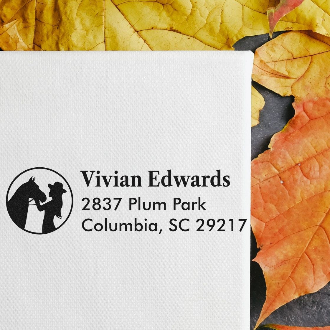 Custom return address rubber stamp with equestrian logo, Vivian Edwards name, and Columbia, SC address on stationery.