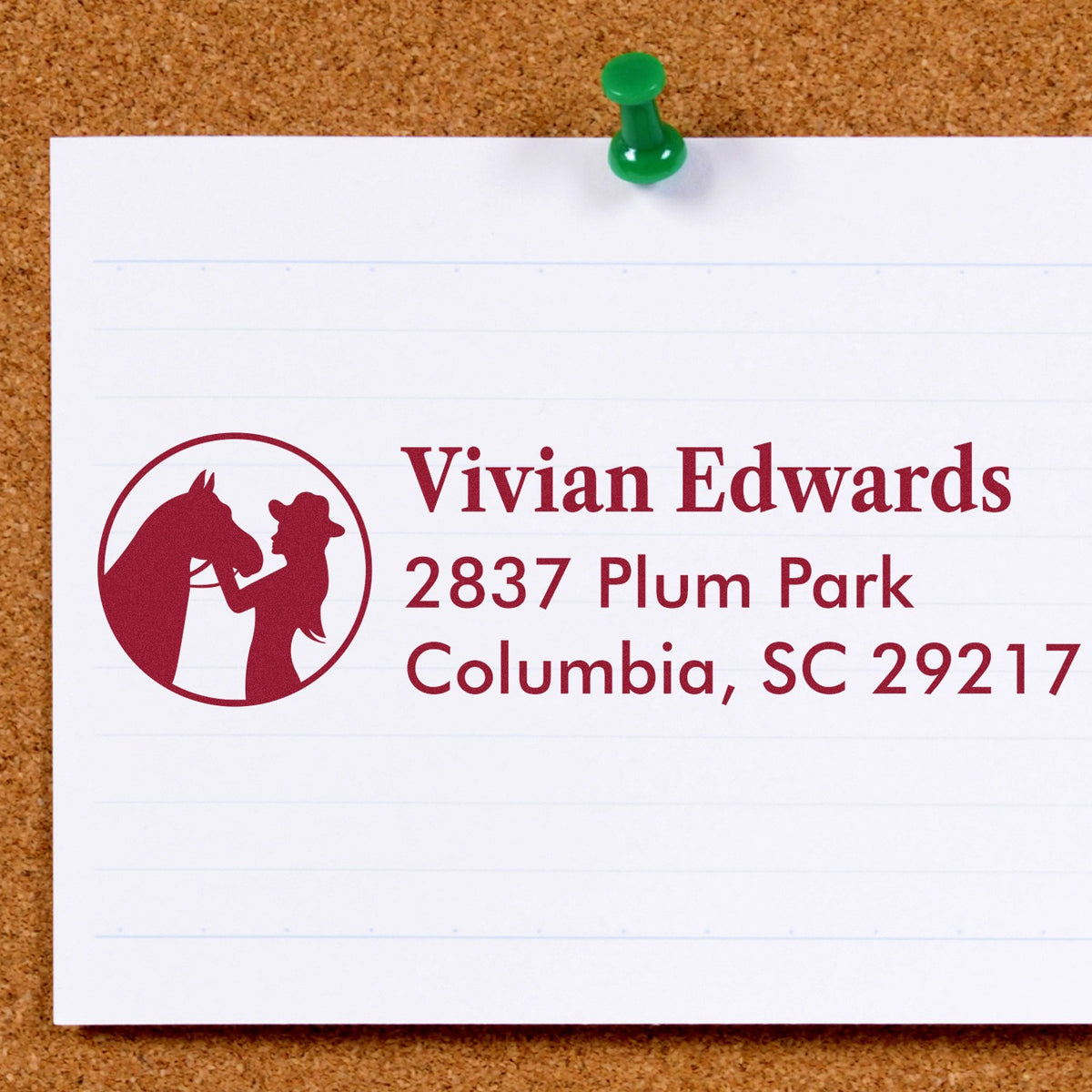Custom rubber address stamp with horse and rider logo, Vivian Edwards, 2837 Plum Park, Columbia, SC 29217.