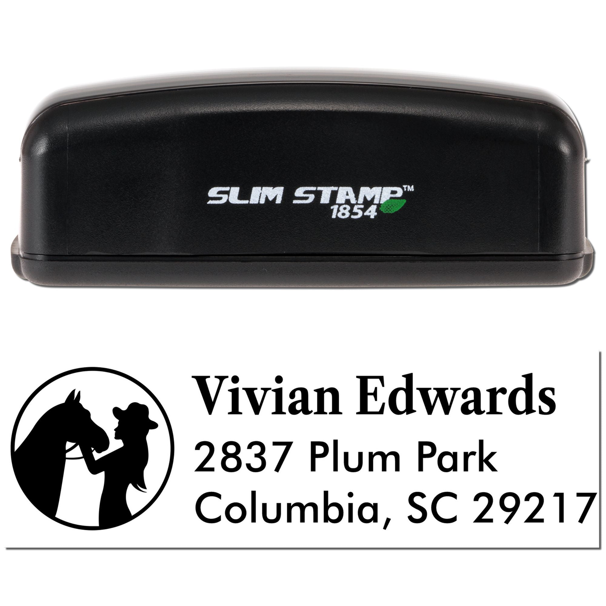 Custom Slim Stamp self-inking rubber address stamp with horse logo, Vivian Edwards, Columbia, SC return address.