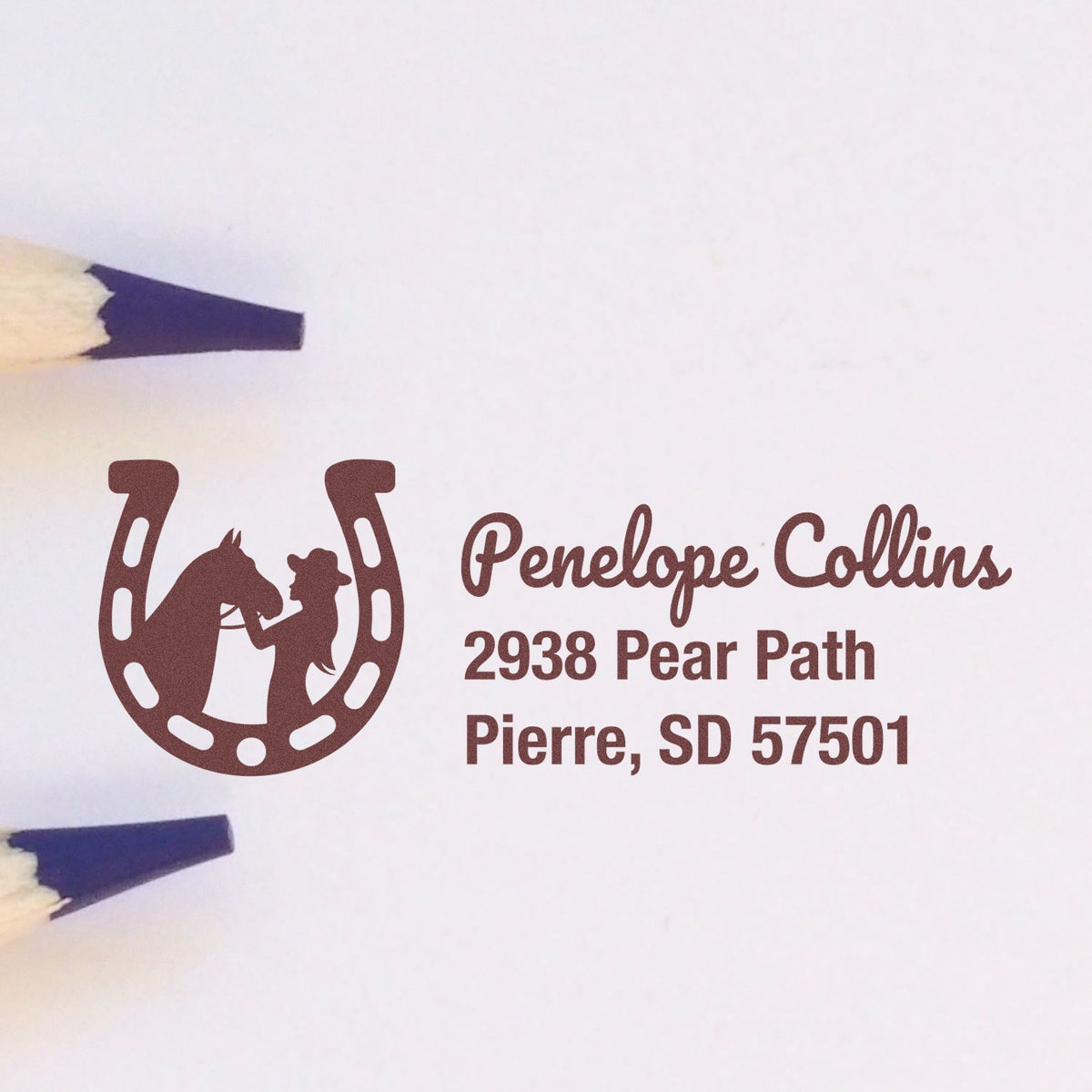 Custom horse return address rubber stamp with horseshoe design, Penelope Collins, Pierre, SD 57501