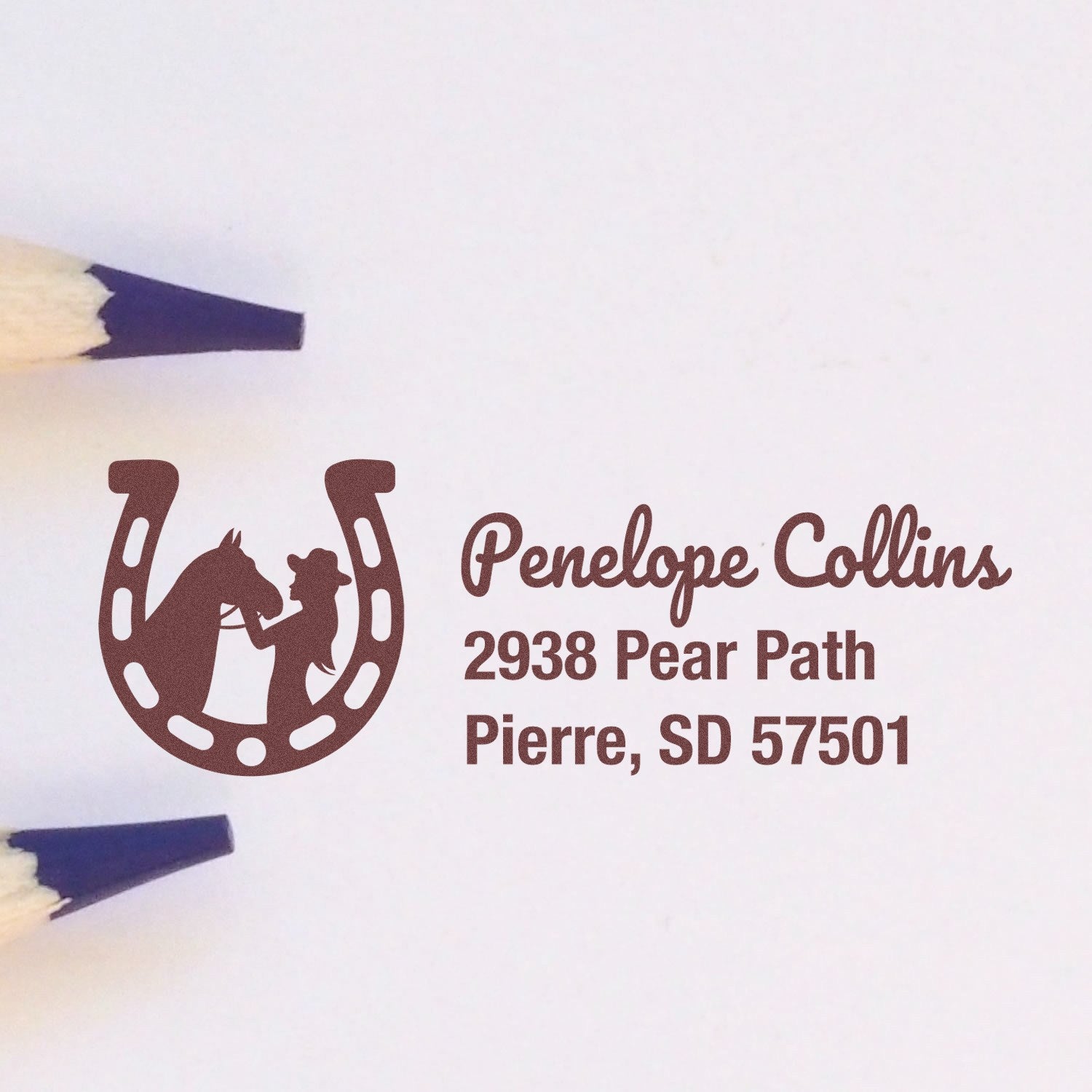 Custom equestrian address rubber stamp with horse and rider horseshoe logo, Penelope Collins, 2938 Pear Path, Pierre, SD 57501