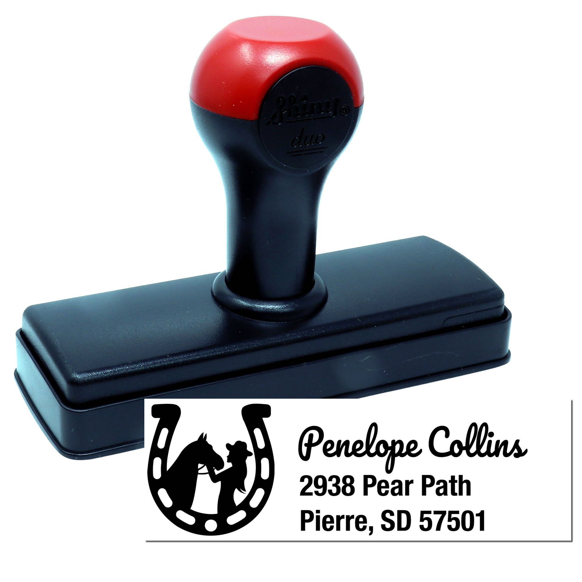 Custom self-inking horse return address rubber stamp with horseshoe logo, name, and mailing address imprint