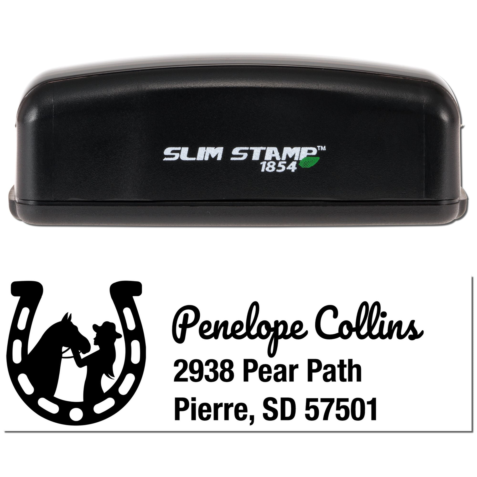 Slim Stamp 1854 self-inking rubber address stamp with custom horse logo and Penelope Collins mailing address.