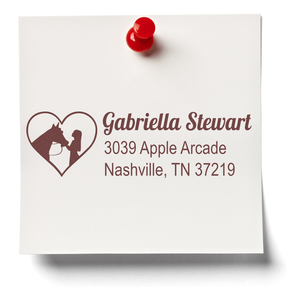 Custom return address rubber stamp with horse-and-rider heart logo, ideal for stationery and envelopes in Nashville, TN.