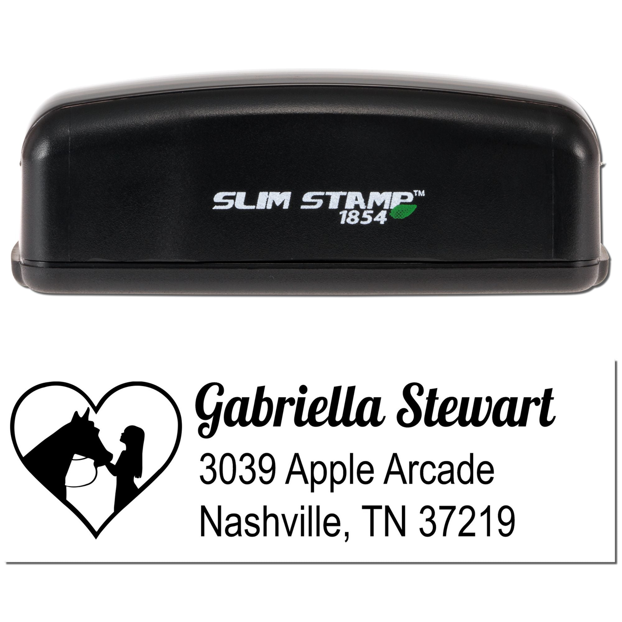 Custom Slim Stamp 1854 return address rubber stamp with horse heart logo, Gabriella Stewart, Nashville, TN address design