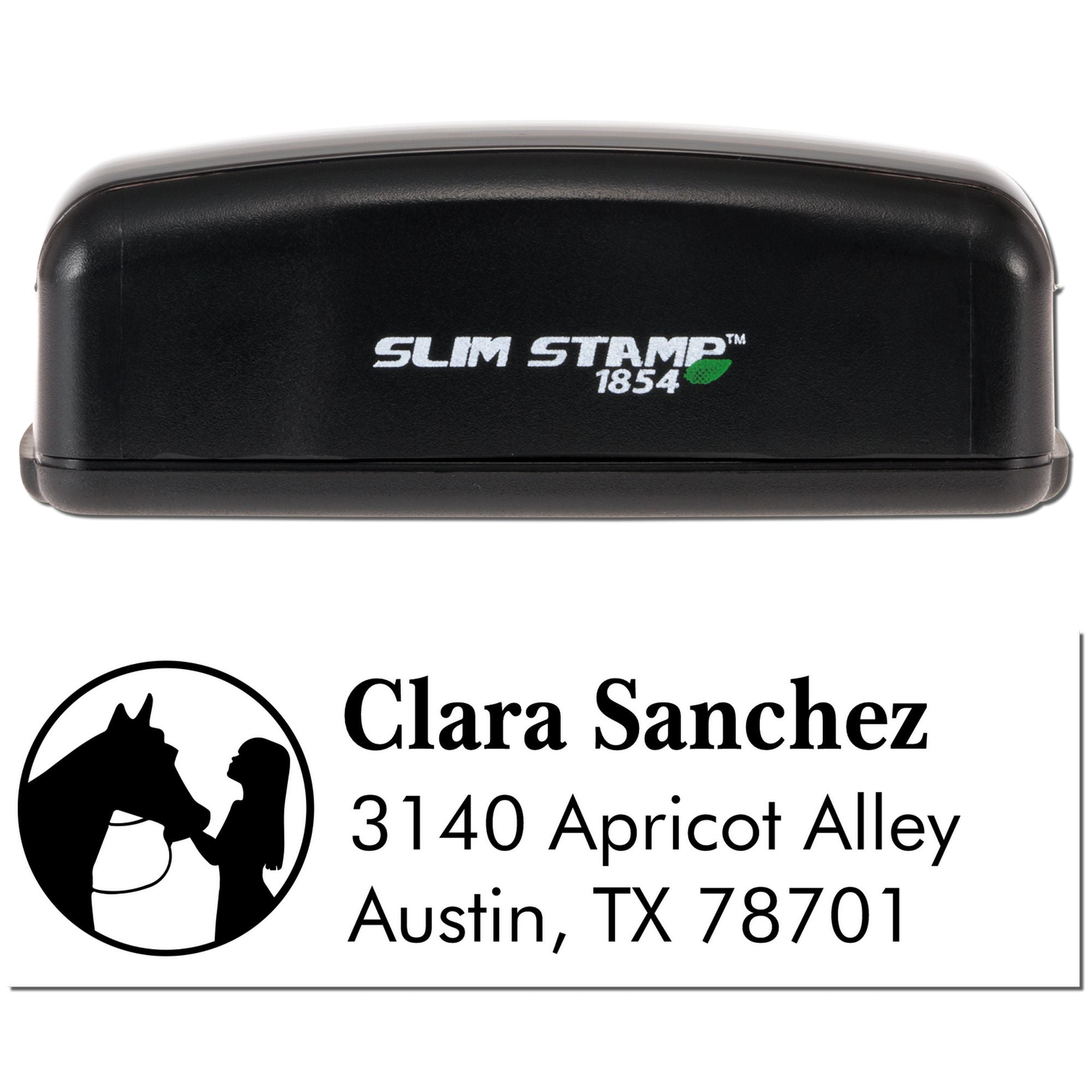 Custom Slim Stamp 1854 self-inking rubber address stamp with horse logo, name, and mailing address for personalized use.
