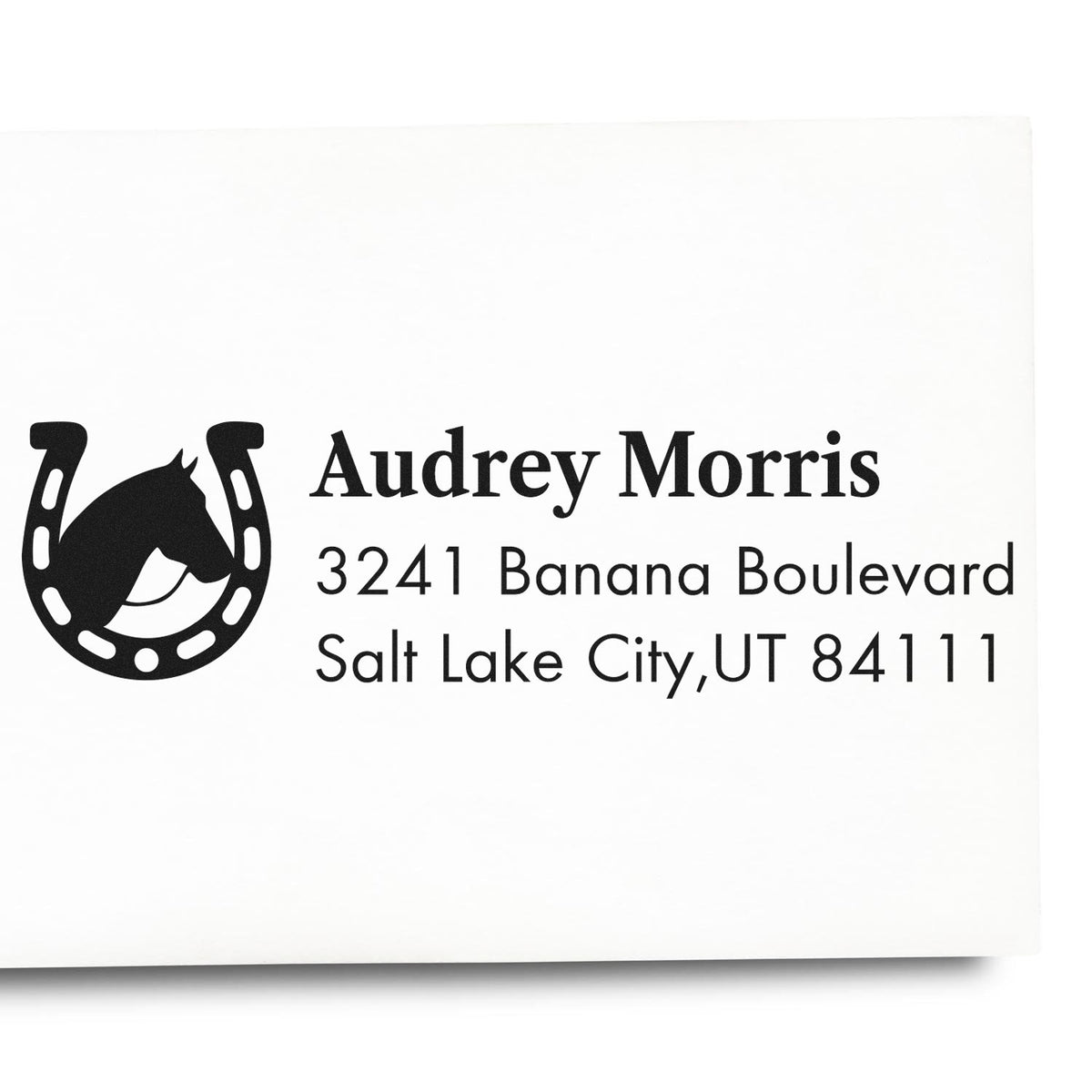 Custom horse return address rubber stamp for Audrey Morris, 3241 Banana Boulevard, Salt Lake City, UT 84111