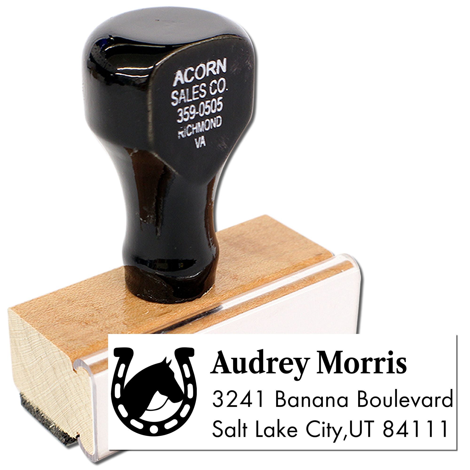 Custom horse logo return address rubber stamp for Audrey Morris, Salt Lake City, UT 84111.