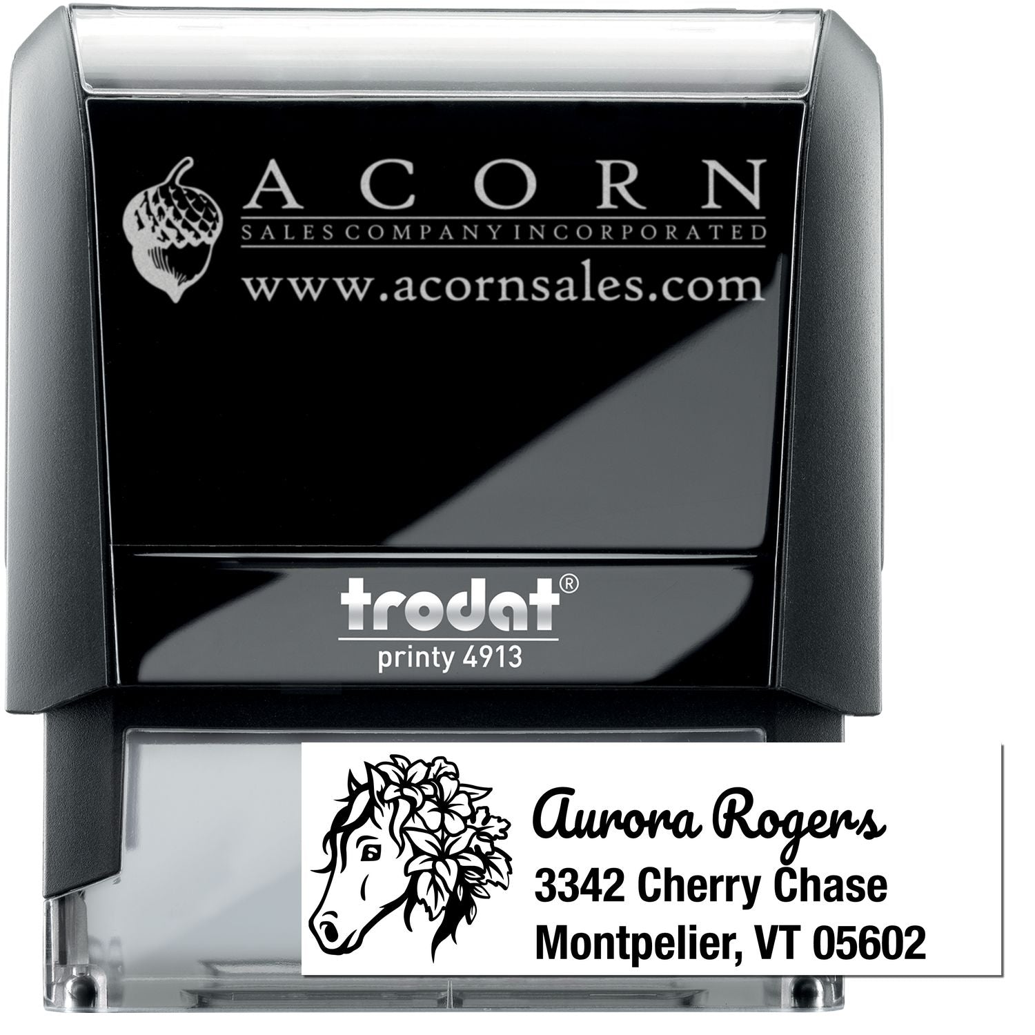 Trodat Printy 4913 self-inking rubber stamp featuring Acorn Sales Company logo and a personalized horse address stamp.