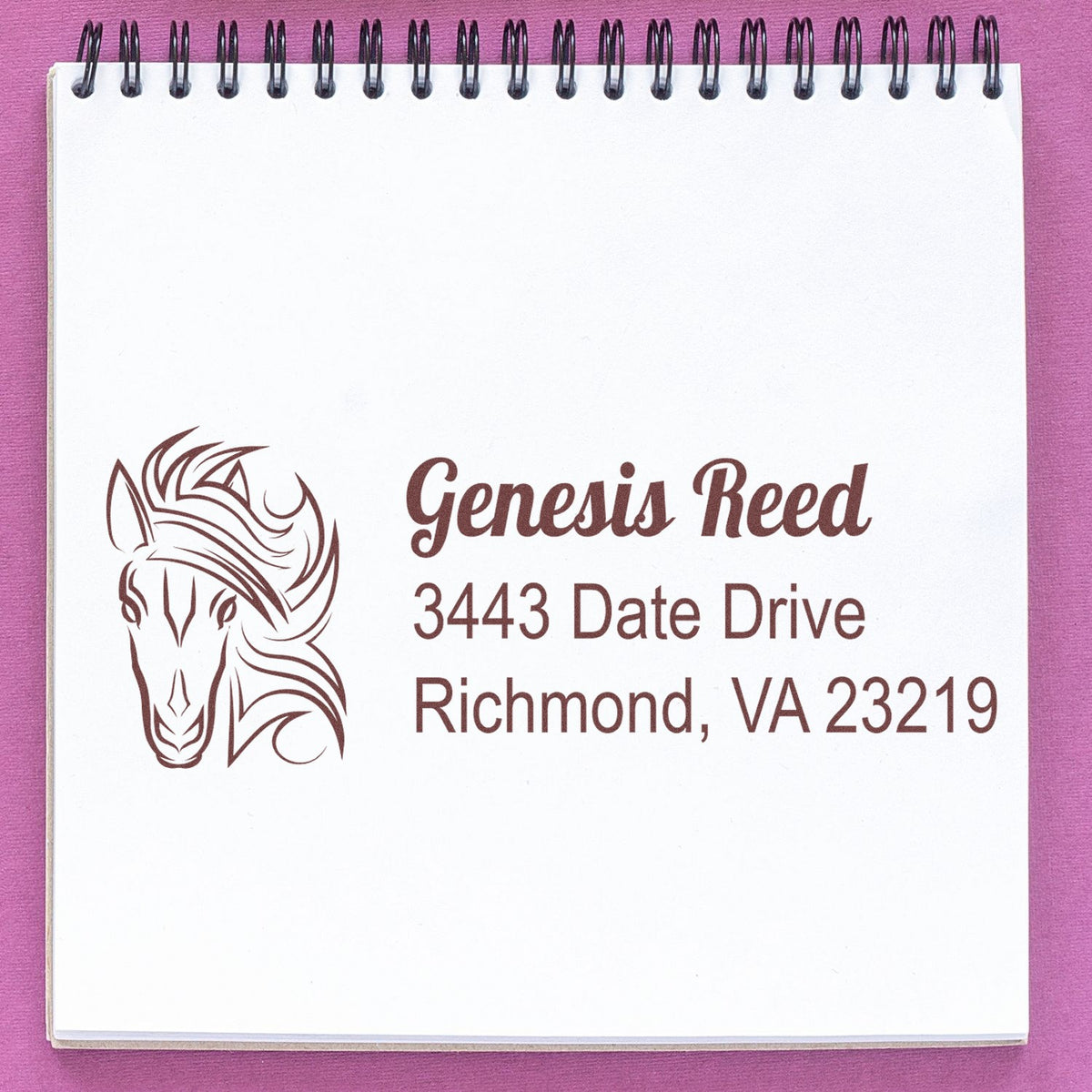 Custom horse logo return address rubber stamp for Genesis Reed, 3443 Date Drive, Richmond, VA 23219.