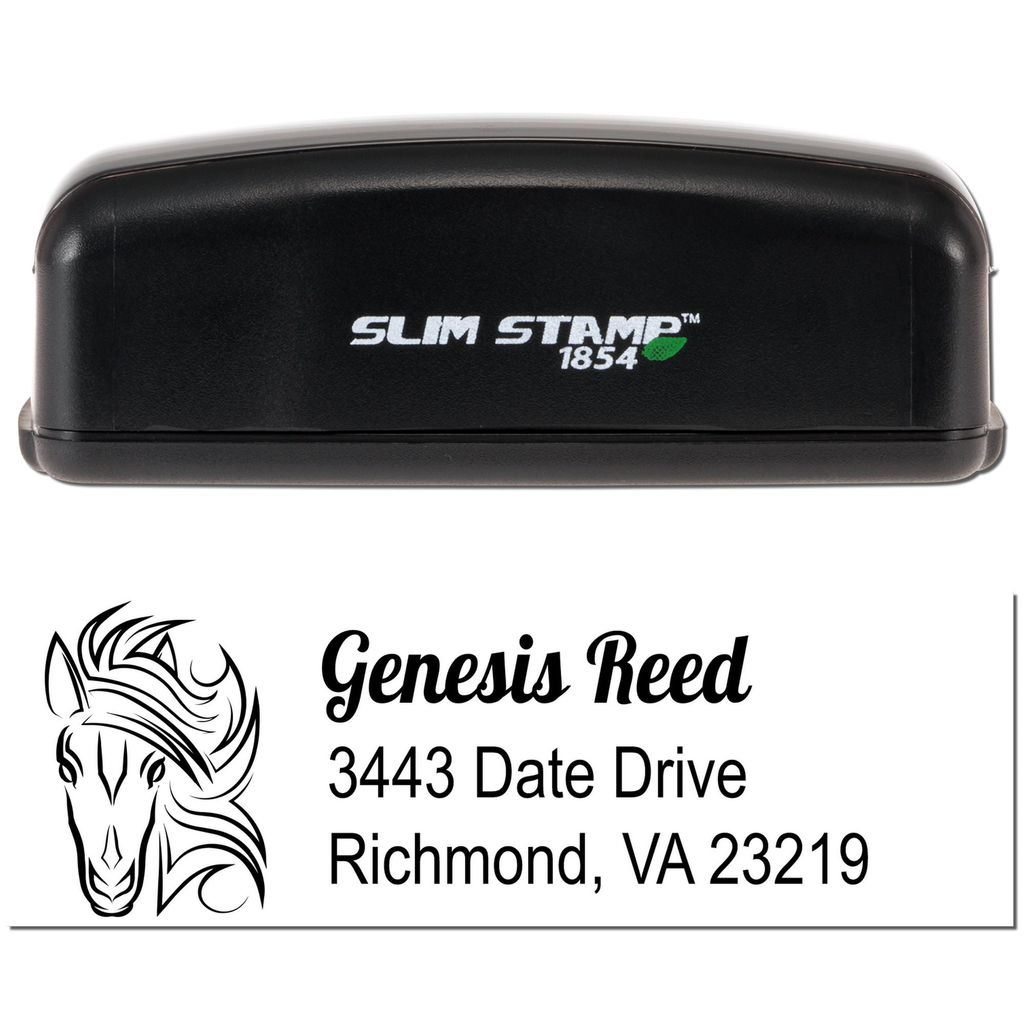 Custom self-inking rubber stamp with horse logo and return address for Genesis Reed, 3443 Date Drive, Richmond, VA 23219