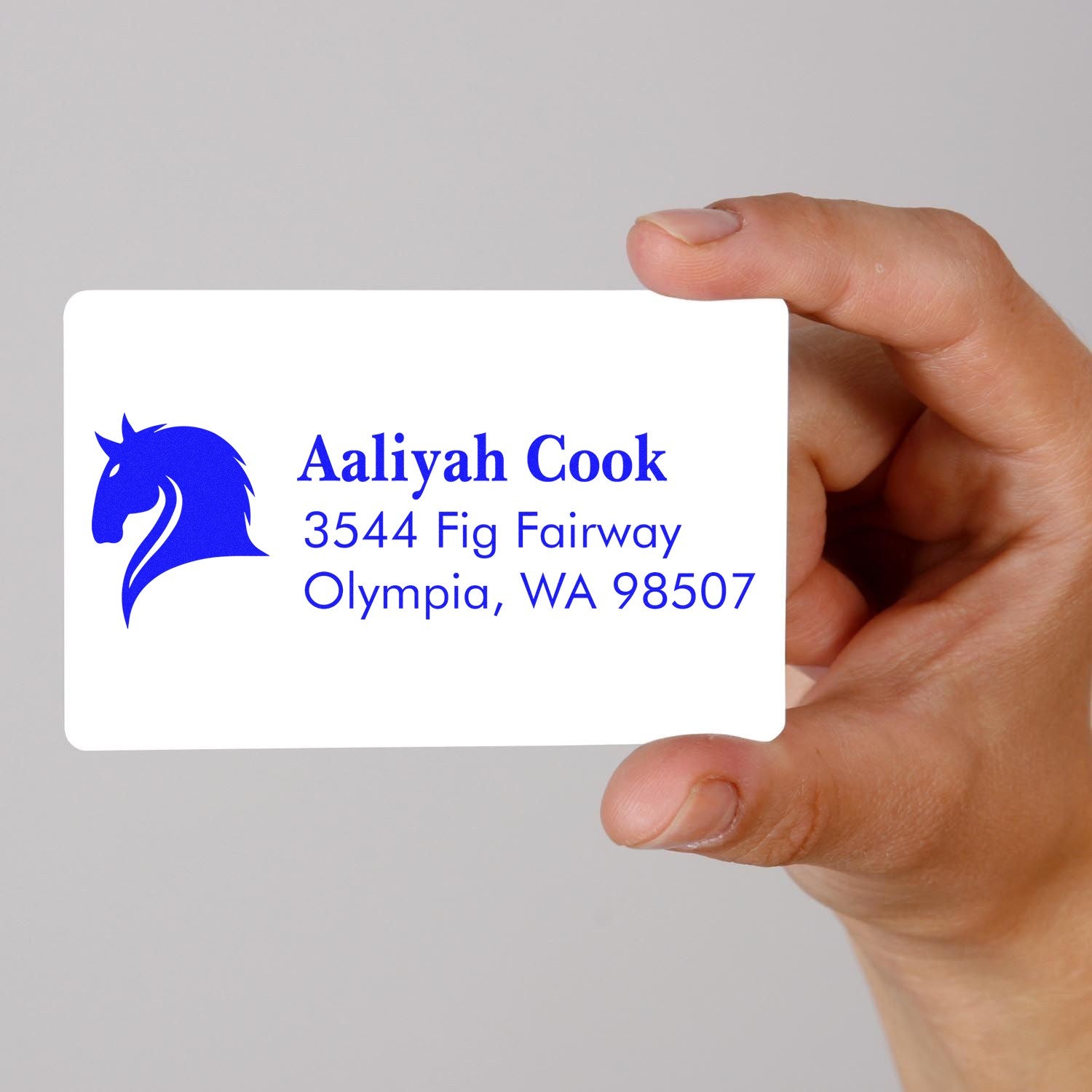 Custom address rubber stamp with horse logo for Aaliyah Cook, Olympia, WA 98507, shown on a sample card.