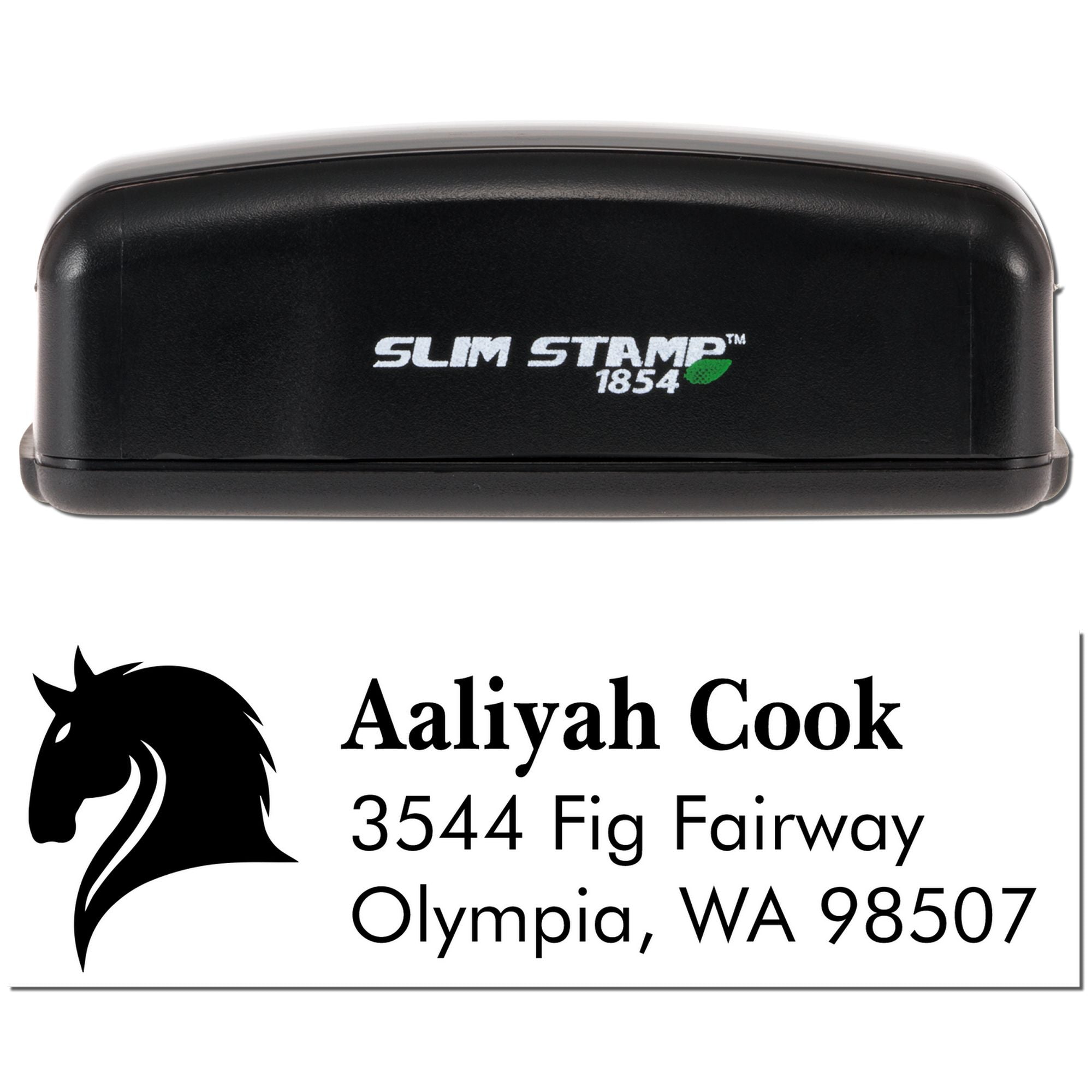 Custom self-inking rubber address stamp with horse logo, showing Slim Stamp 1854 and personalized mailing imprint for Aaliyah Cook.