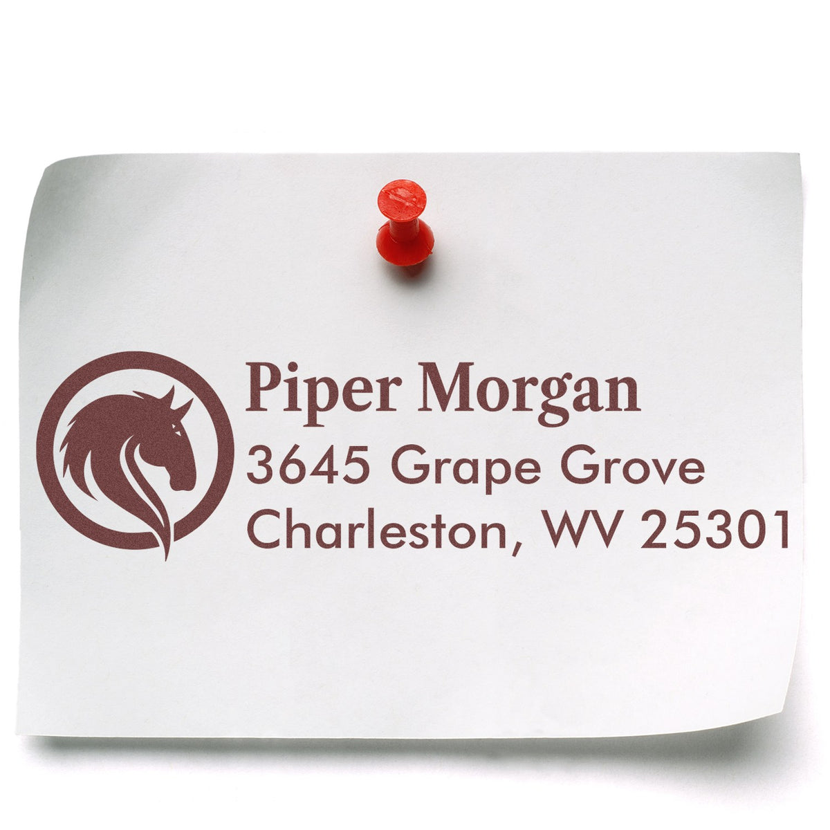 Custom horse logo address rubber stamp for Piper Morgan, Charleston, WV 25301