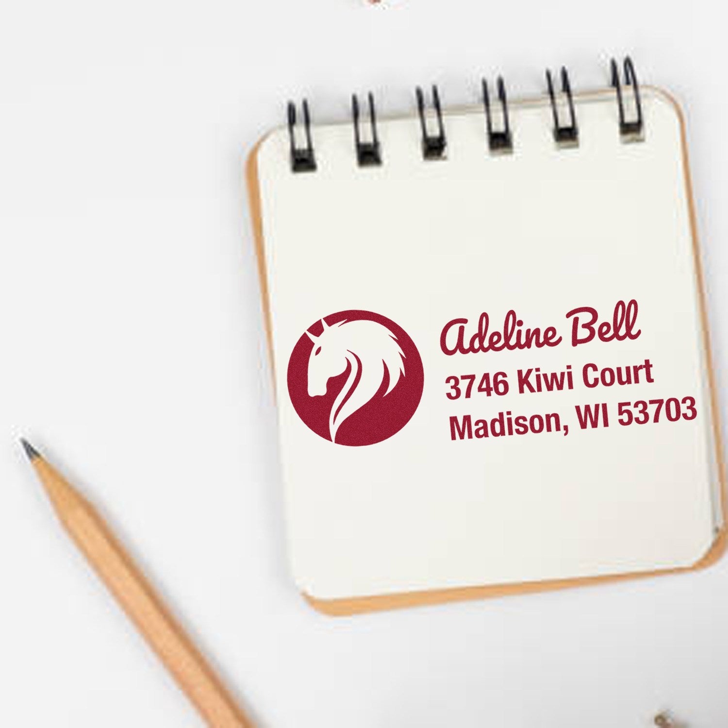 Custom horse logo return address rubber stamp for Adeline Bell, Madison WI mailing and envelope personalization.