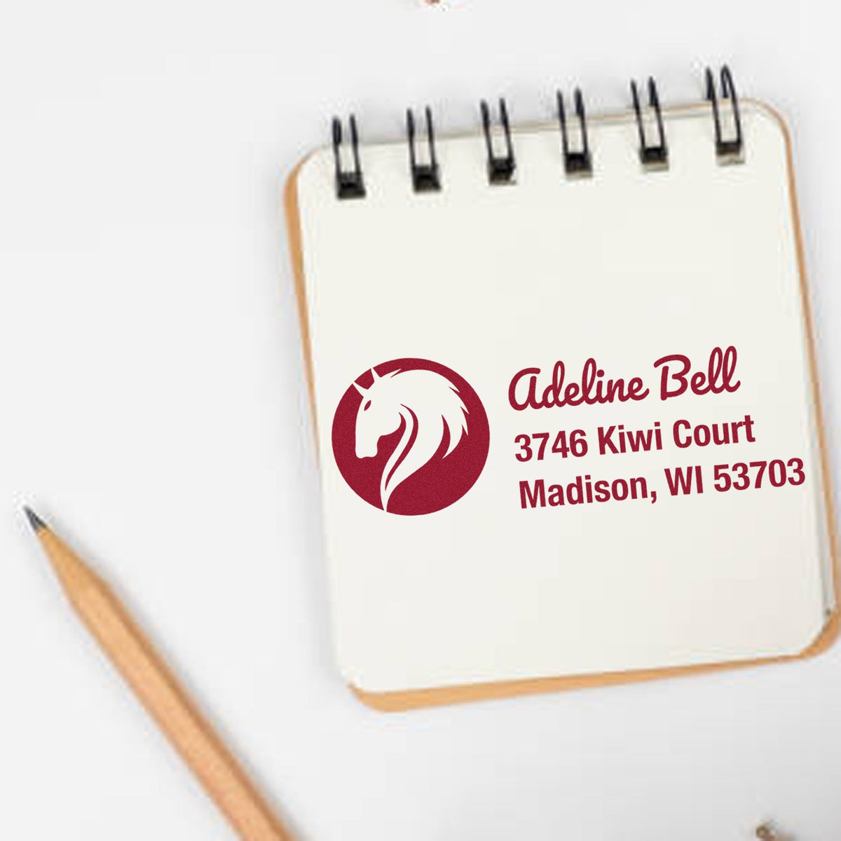 Custom horse address rubber stamp for personal stationery with name and Madison, WI return address