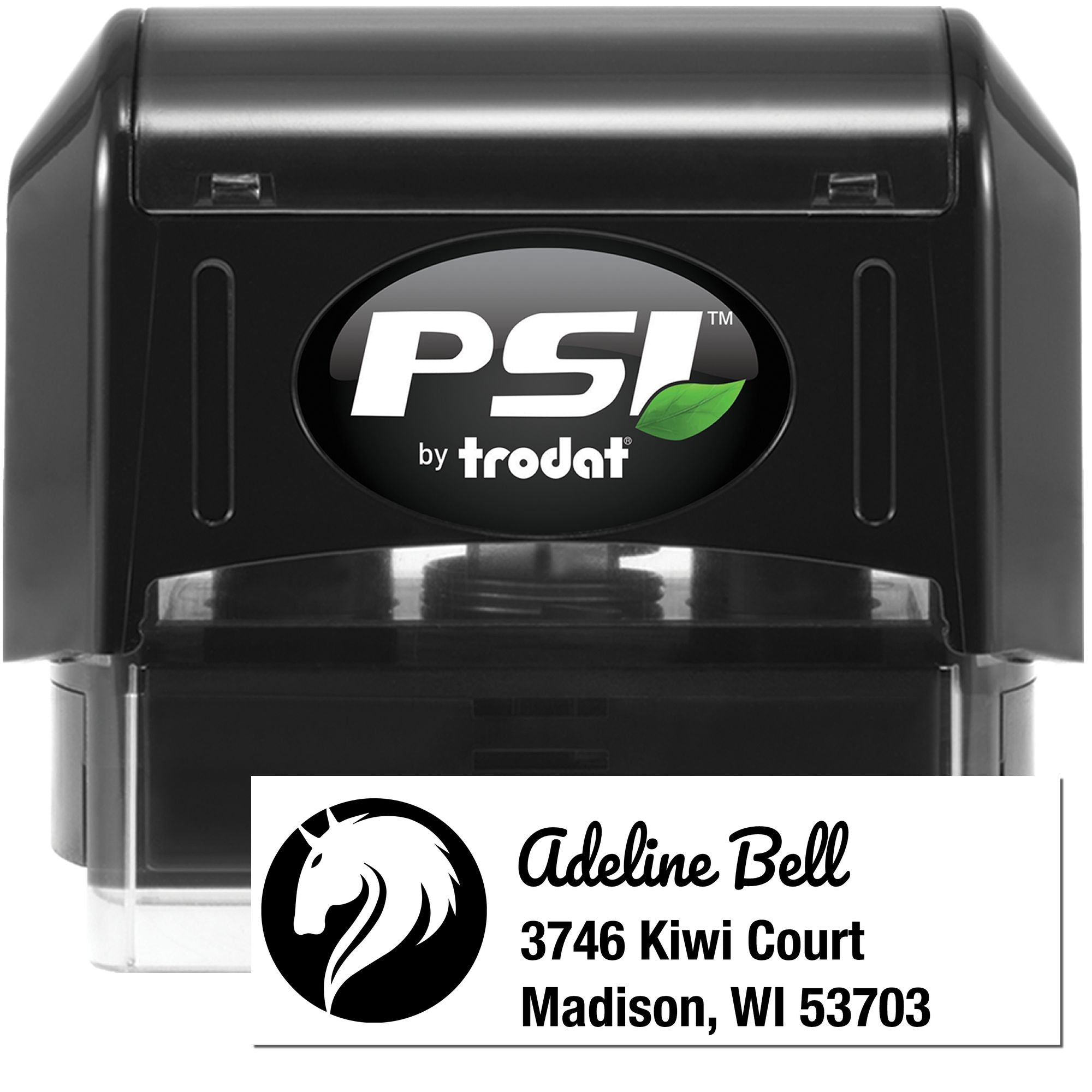 PSI by Trodat self-inking custom address rubber stamp with horse logo for mail and business use