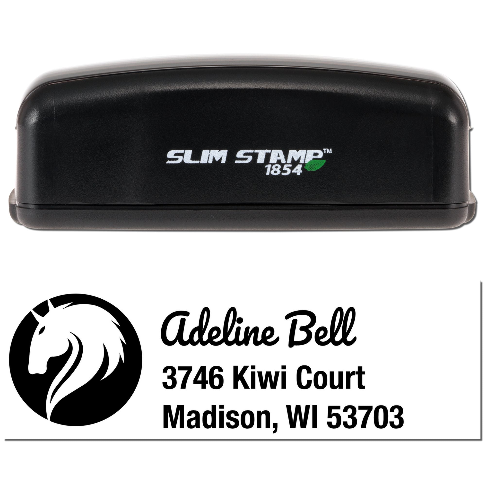 Slim Stamp 1854 custom address rubber stamp with horse logo for Adeline Bell, 3746 Kiwi Court, Madison, WI 53703.