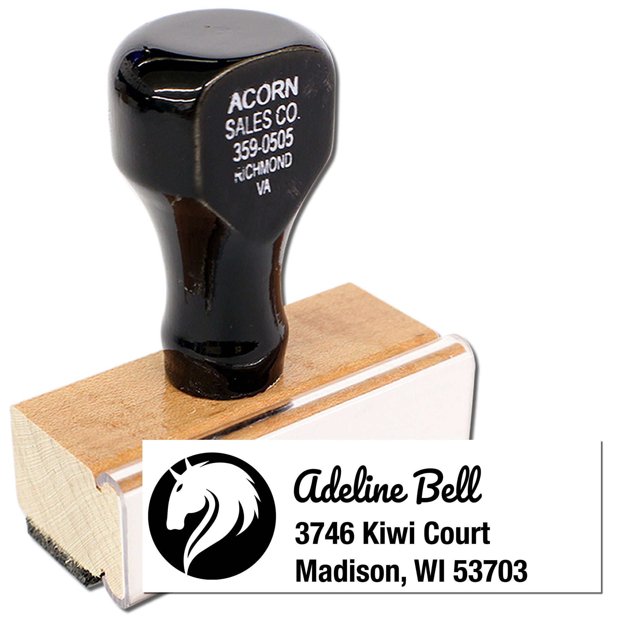 Custom horse logo return address rubber stamp with Adeline Bell name and Madison, WI address on a wooden stamp.