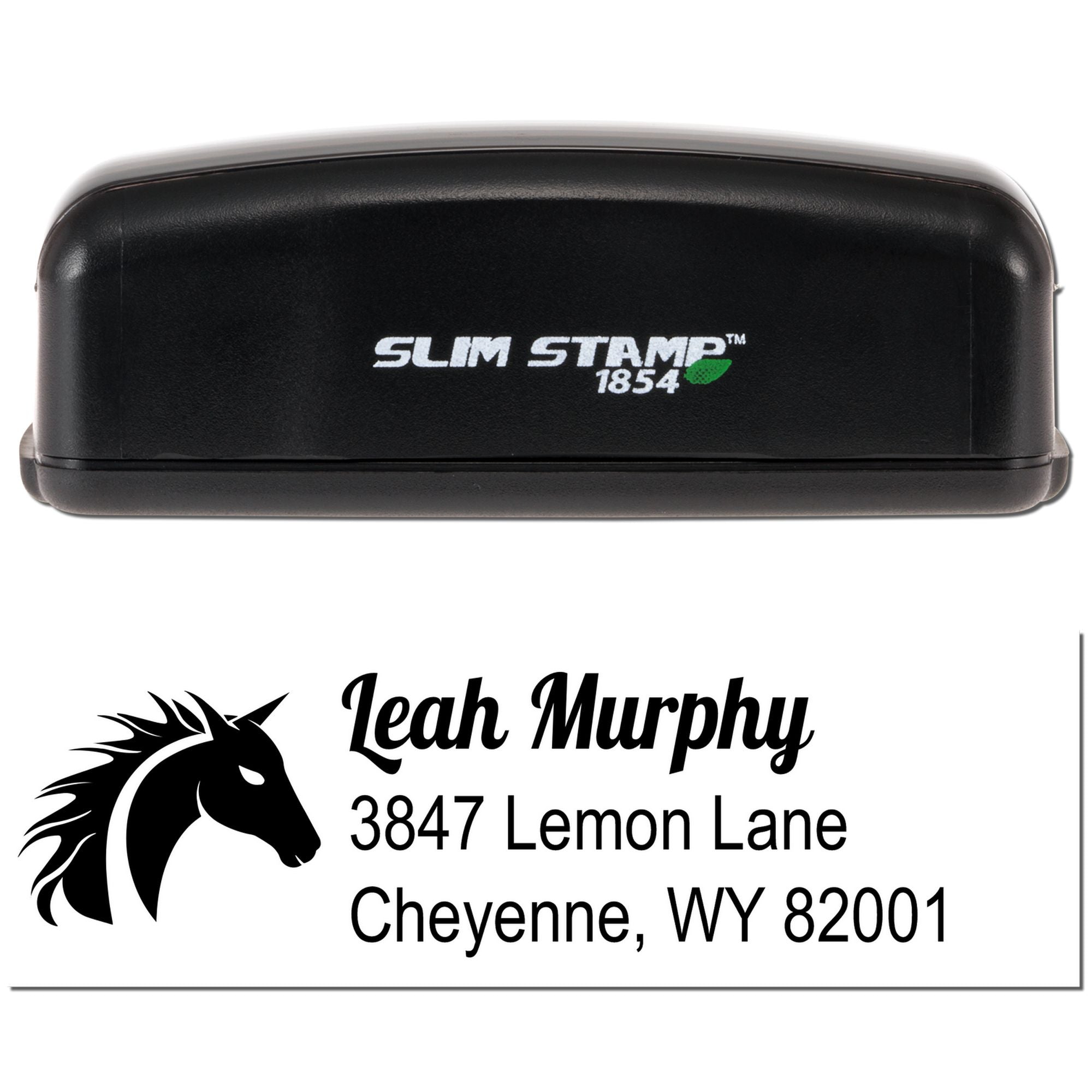 Slim Stamp 1854 self-inking rubber stamp with personalized horse logo address for Leah Murphy, Cheyenne, WY 82001