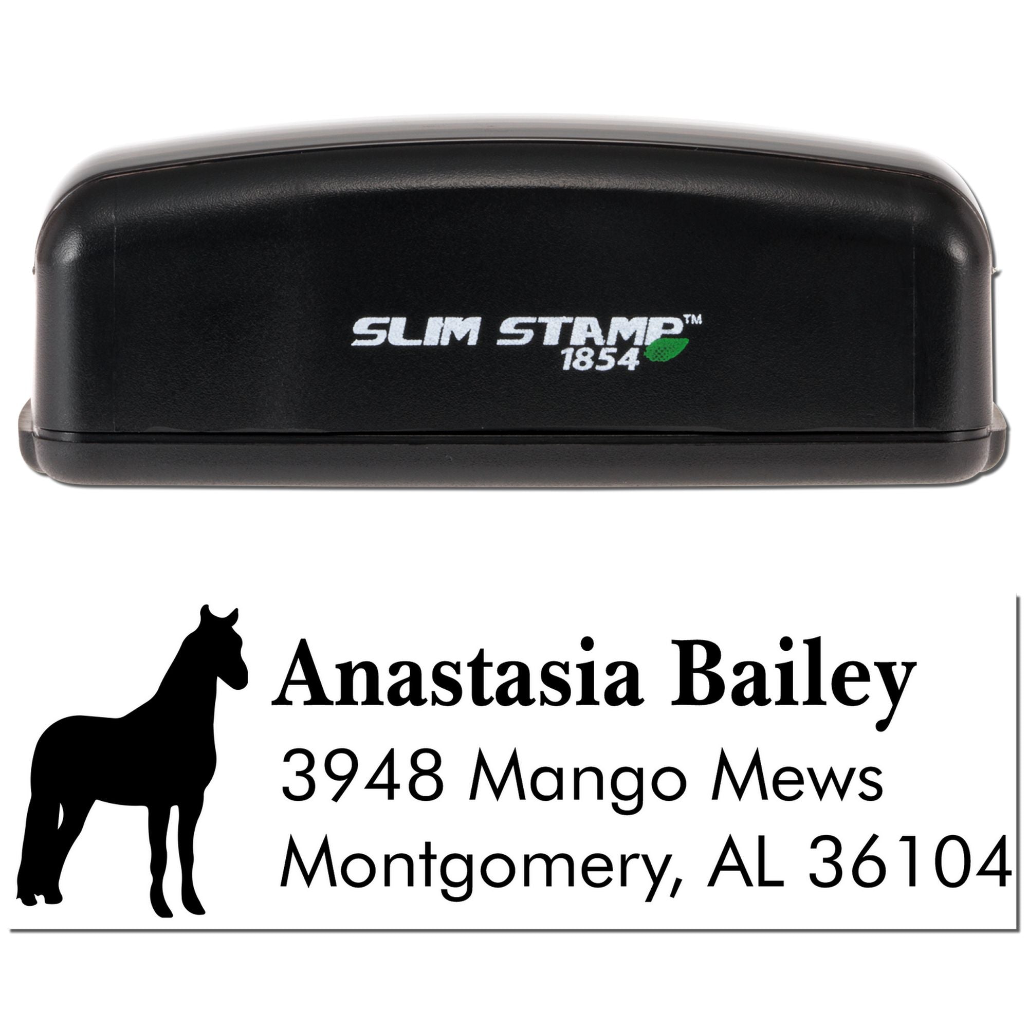 Custom horse return address rubber stamp with Anastasia Bailey, 3948 Mango Mews, Montgomery, AL 36104 on a Slim Stamp 1854.