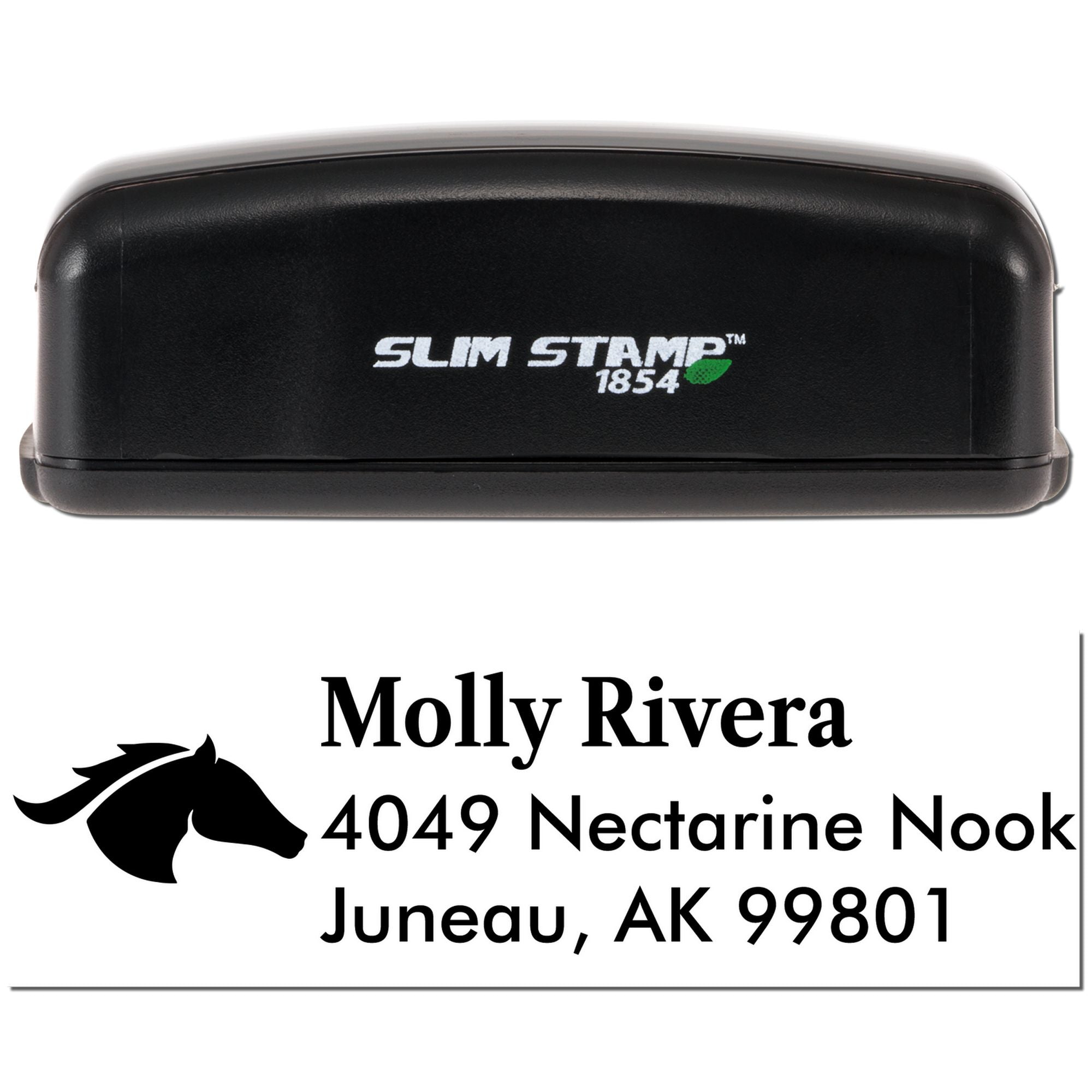 Custom self-inking address rubber stamp with horse logo for Molly Rivera, Juneau, AK 99801