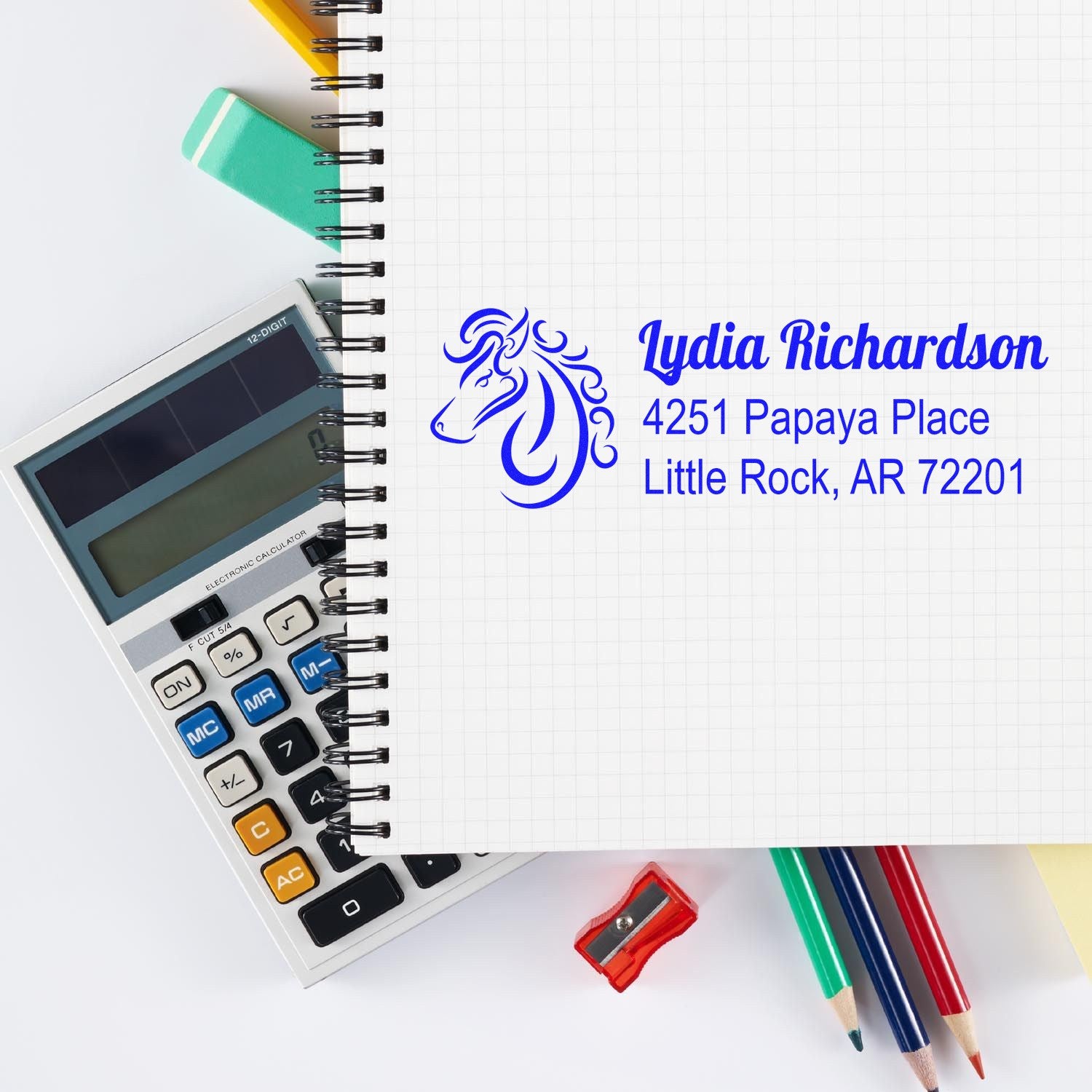 Personalized rubber address stamp with horse logo and blue imprint for Lydia Richardson, Little Rock, AR