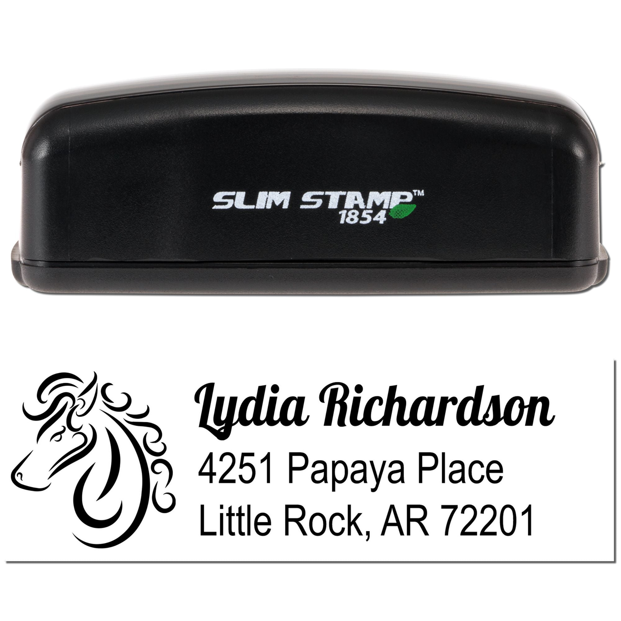Custom self-inking address rubber stamp with horse logo for Lydia Richardson, 4251 Papaya Place, Little Rock, AR 72201.
