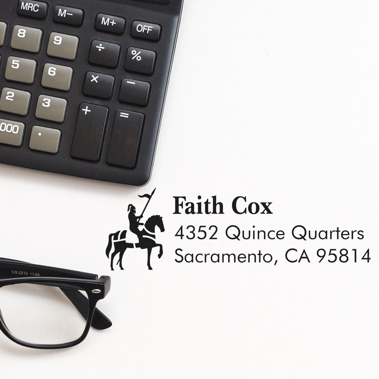 Custom horse rider return address rubber stamp for Faith Cox, Sacramento, CA 95814.