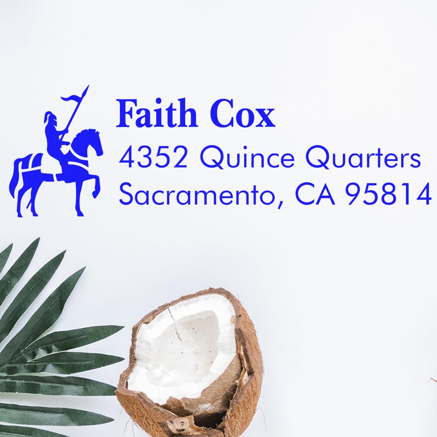 Personalized rubber address stamp with horse rider logo for Faith Cox, 4352 Quince Quarters, Sacramento, CA 95814.