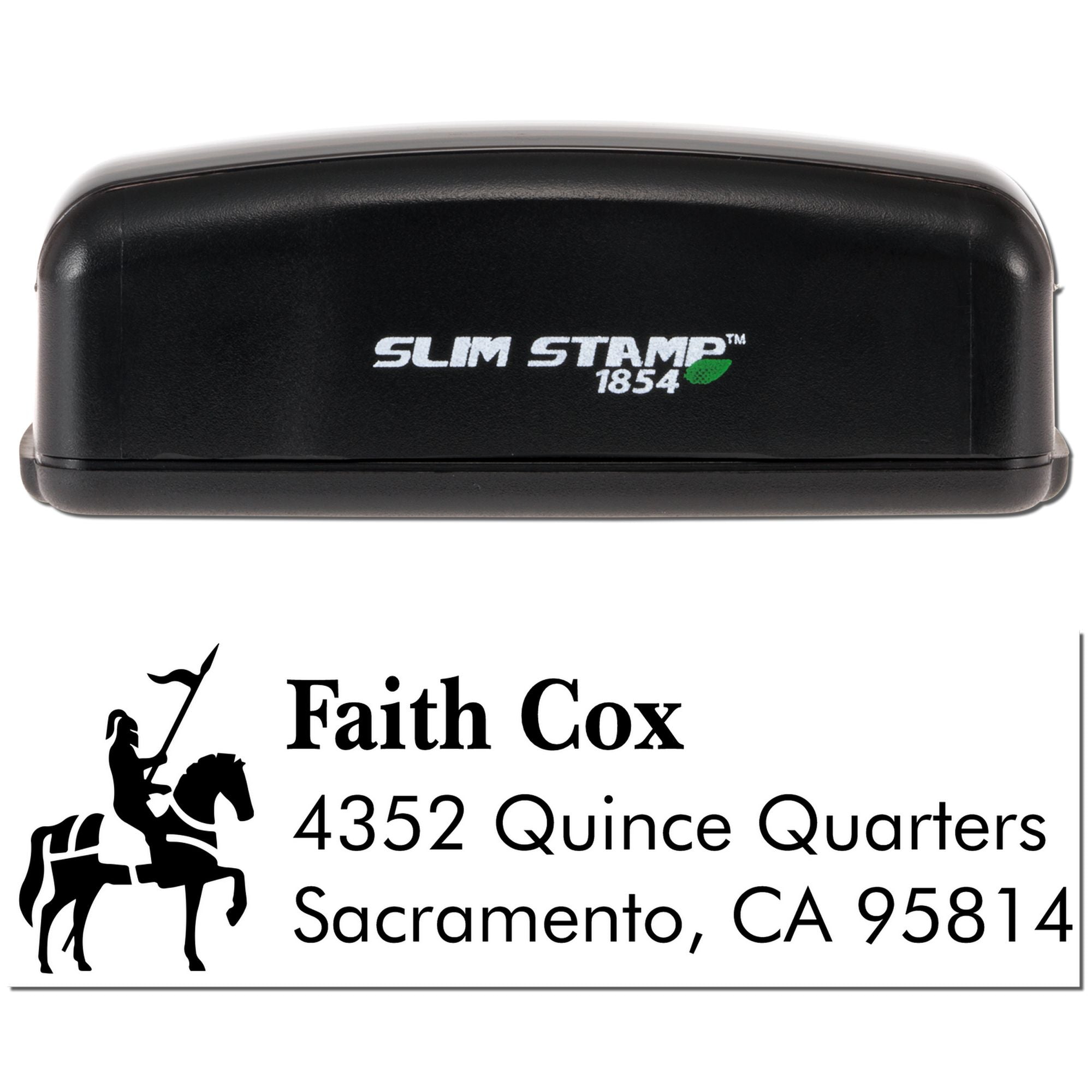 Slim Stamp 1854 custom equestrian address rubber stamp for Faith Cox, 4352 Quince Quarters, Sacramento, CA 95814