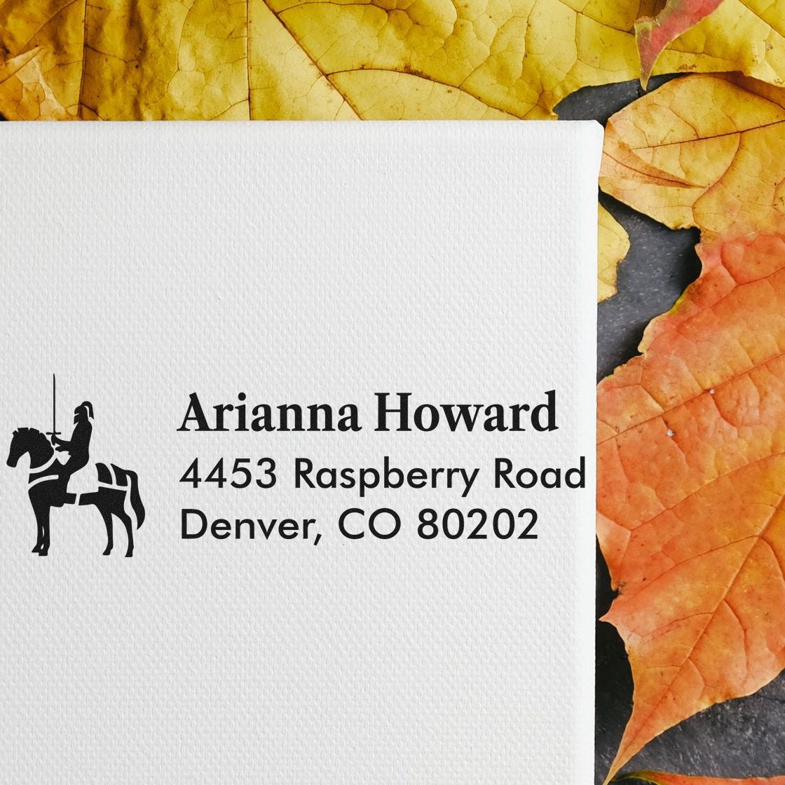 Custom equestrian address rubber stamp with knight and horse design, featuring Arianna Howard name and Denver, CO address.