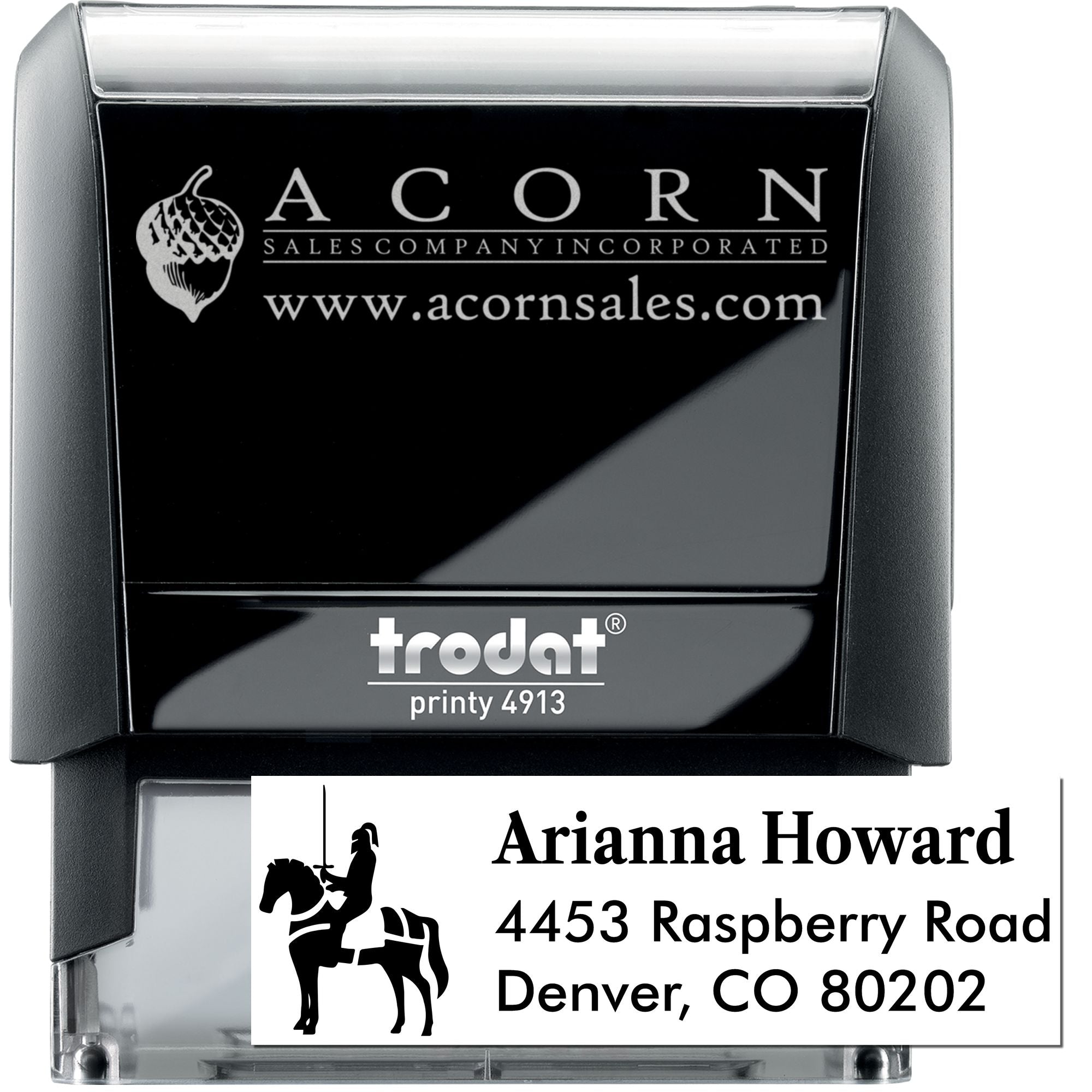 Custom self-inking rubber stamp showing logo and address imprint, Trodat Printy 4913.