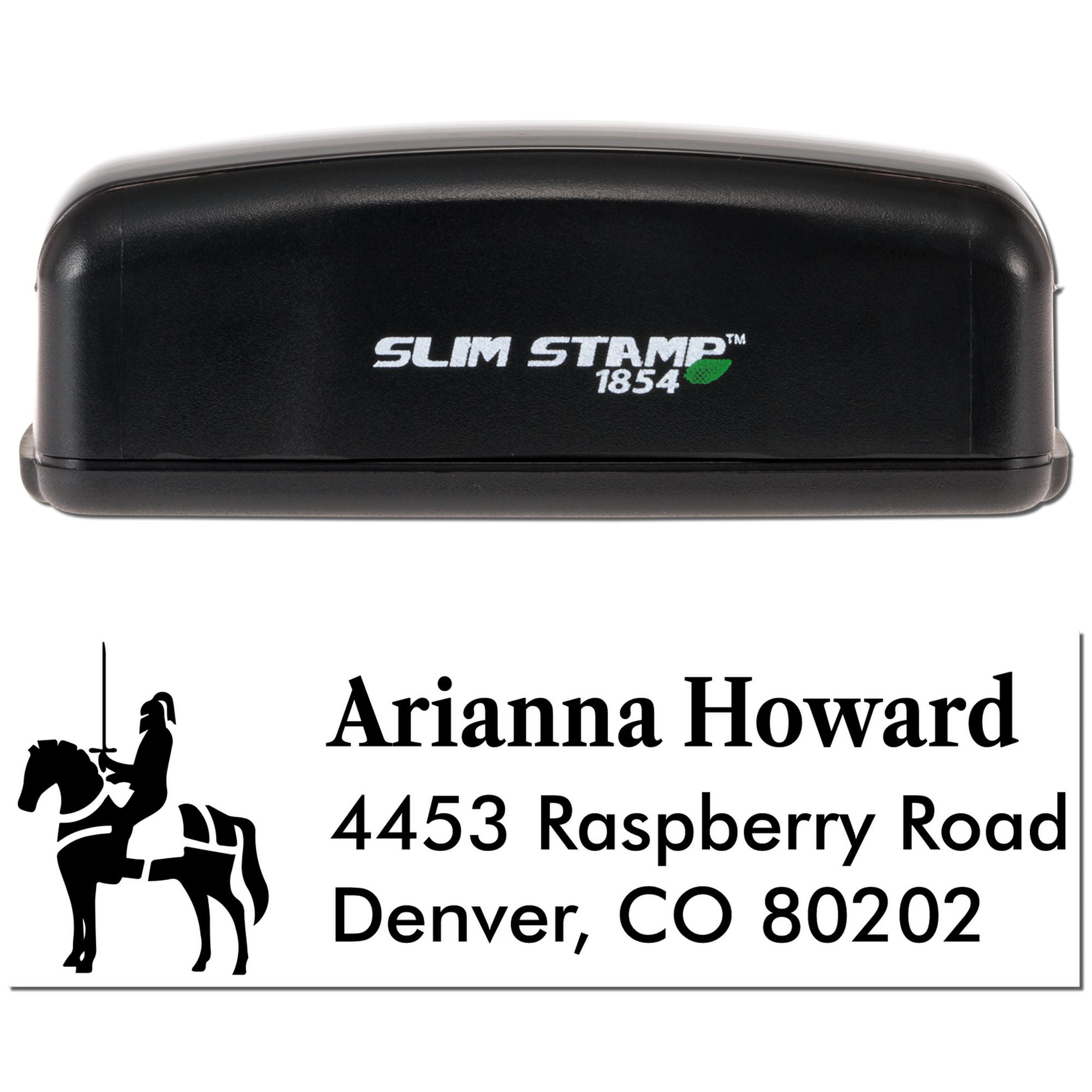 Slim Stamp 1854 custom address rubber stamp with horse rider logo and personalized mailing imprint for equestrian stationery.