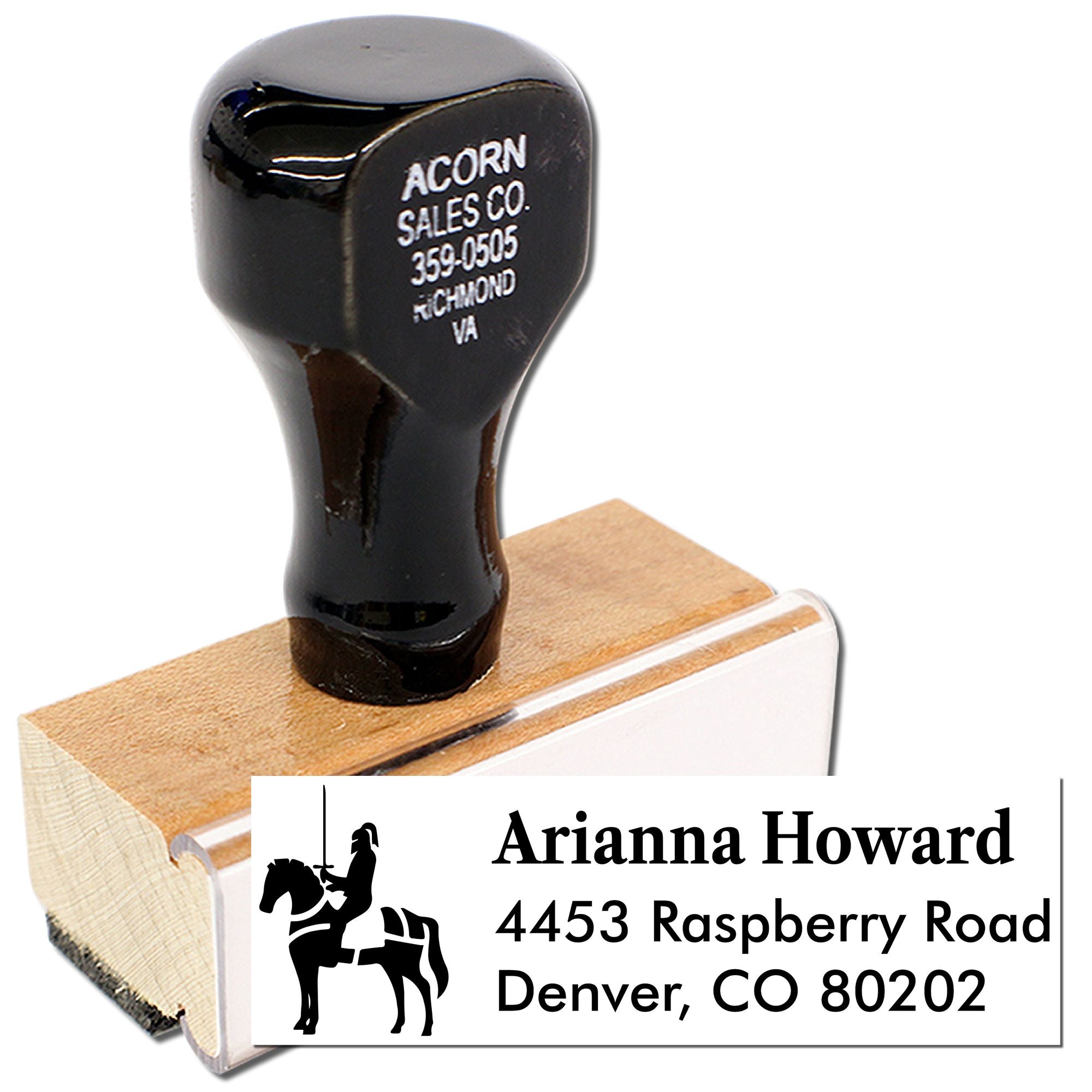 Wooden handle equestrian return address rubber stamp with personalized name, horse icon, and Denver, CO address.