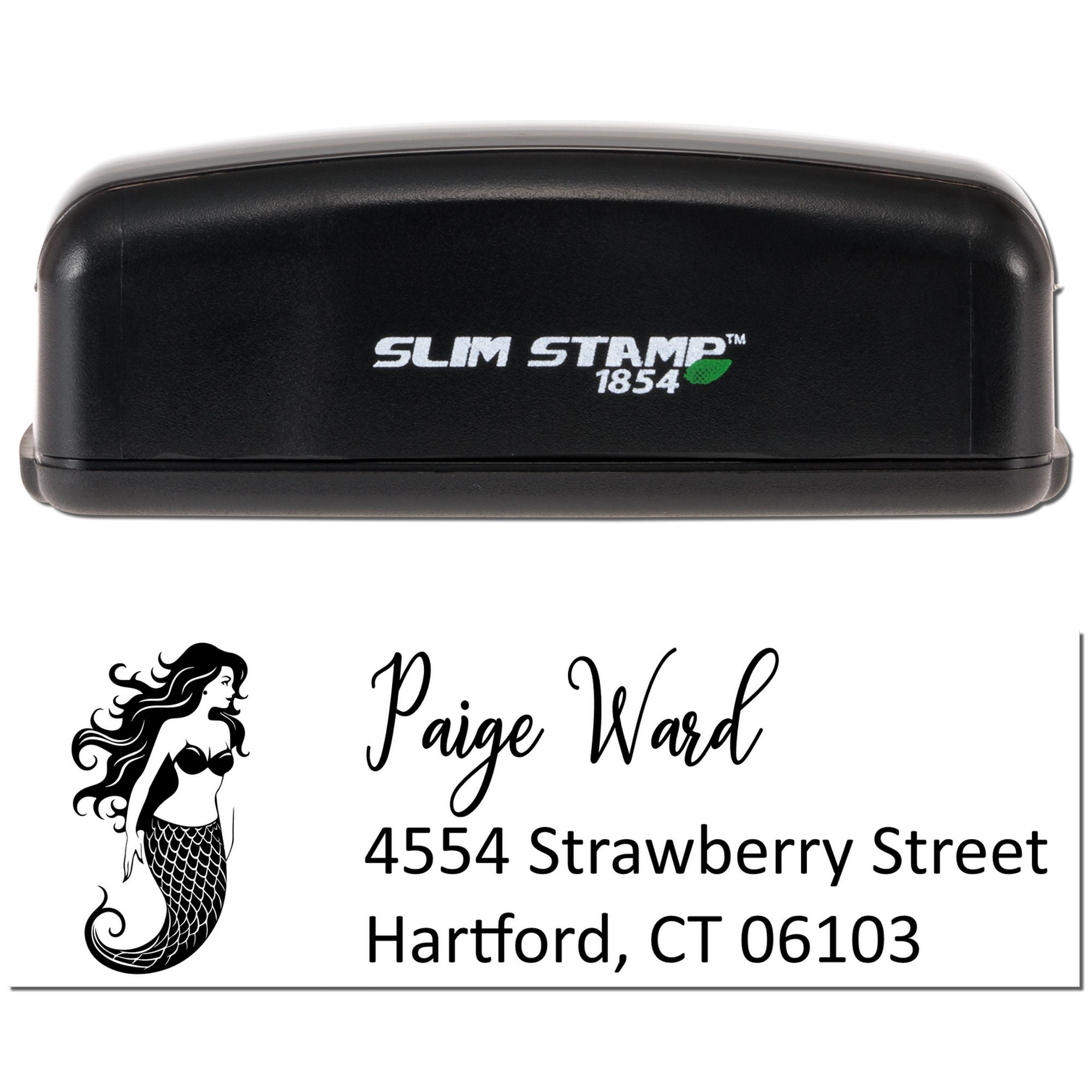 Slim Stamp 1854 custom rubber address stamp with mermaid design for Paige Ward, Hartford CT return address.