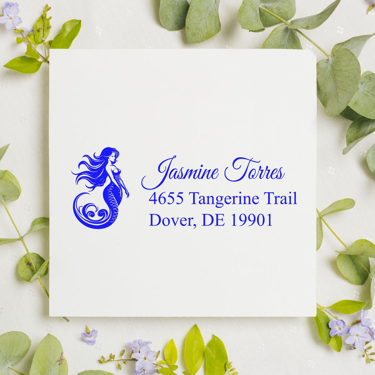 Custom mermaid return address rubber stamp featuring personalized name and Dover, DE mailing address