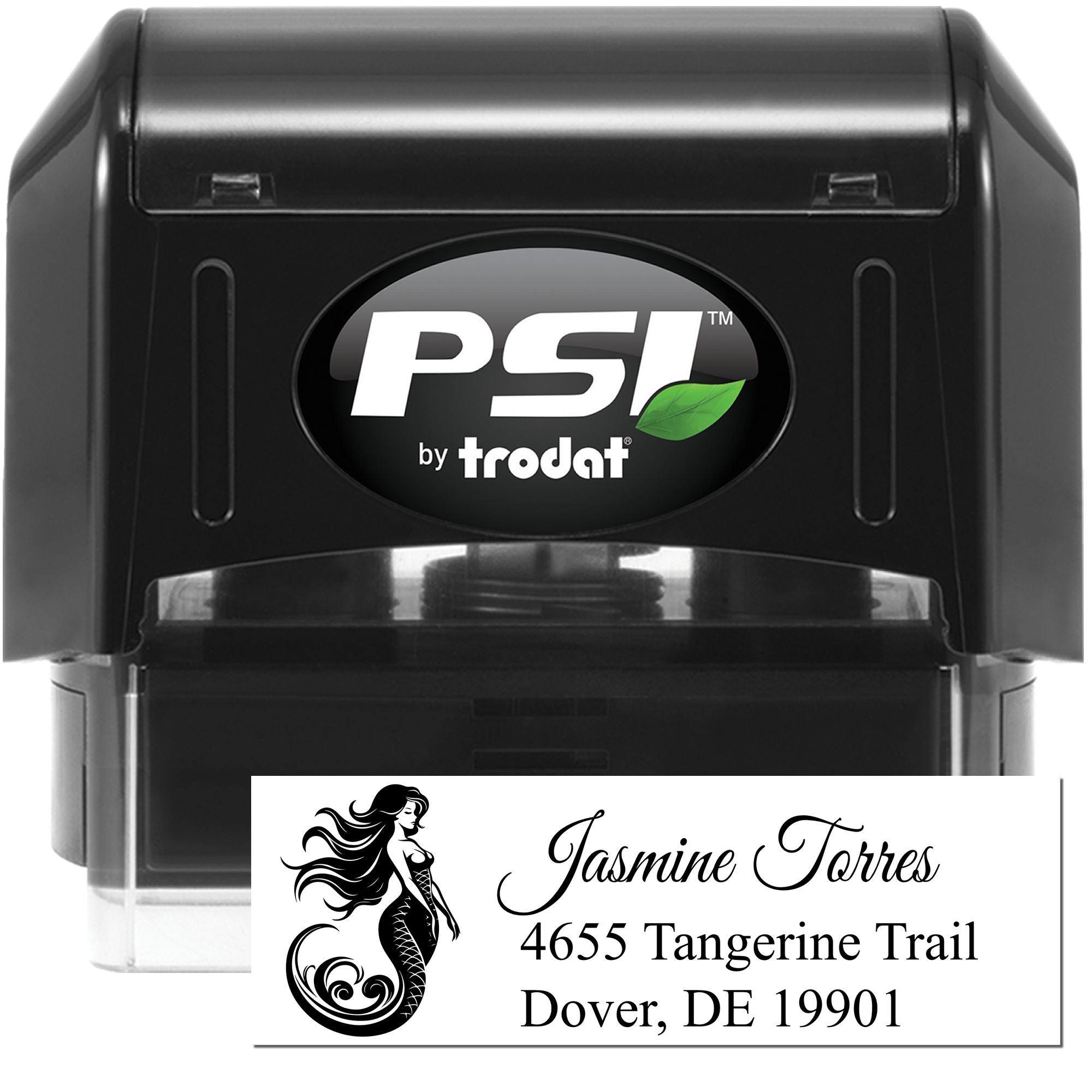 Custom return address rubber stamp with mermaid design for Jasmine Torres, Dover, DE by PSI Trodat, self-inking stamp imprint sample