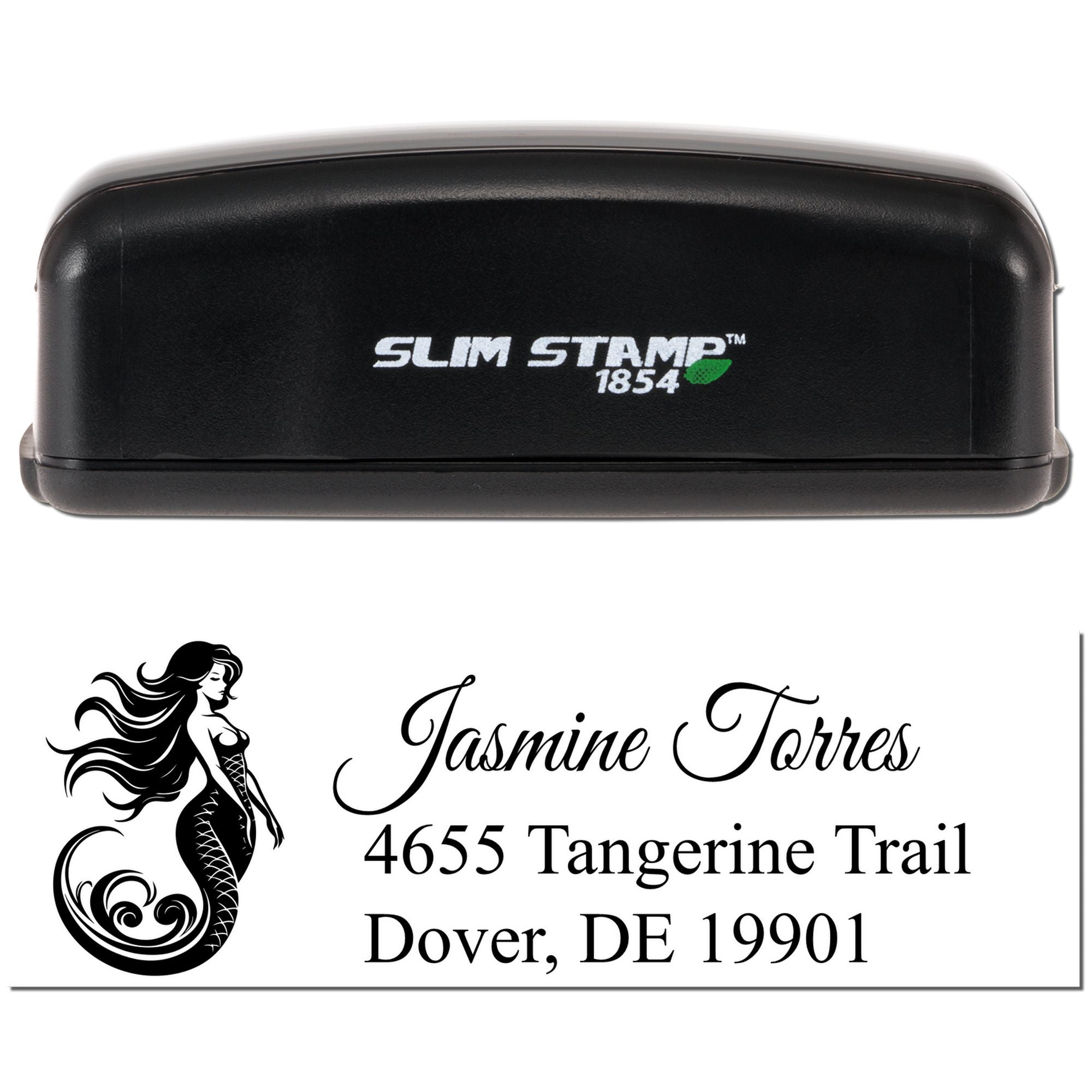 Slim Stamp 1854 custom rubber stamp with mermaid address design for Jasmine Torres, Dover, DE 19901.
