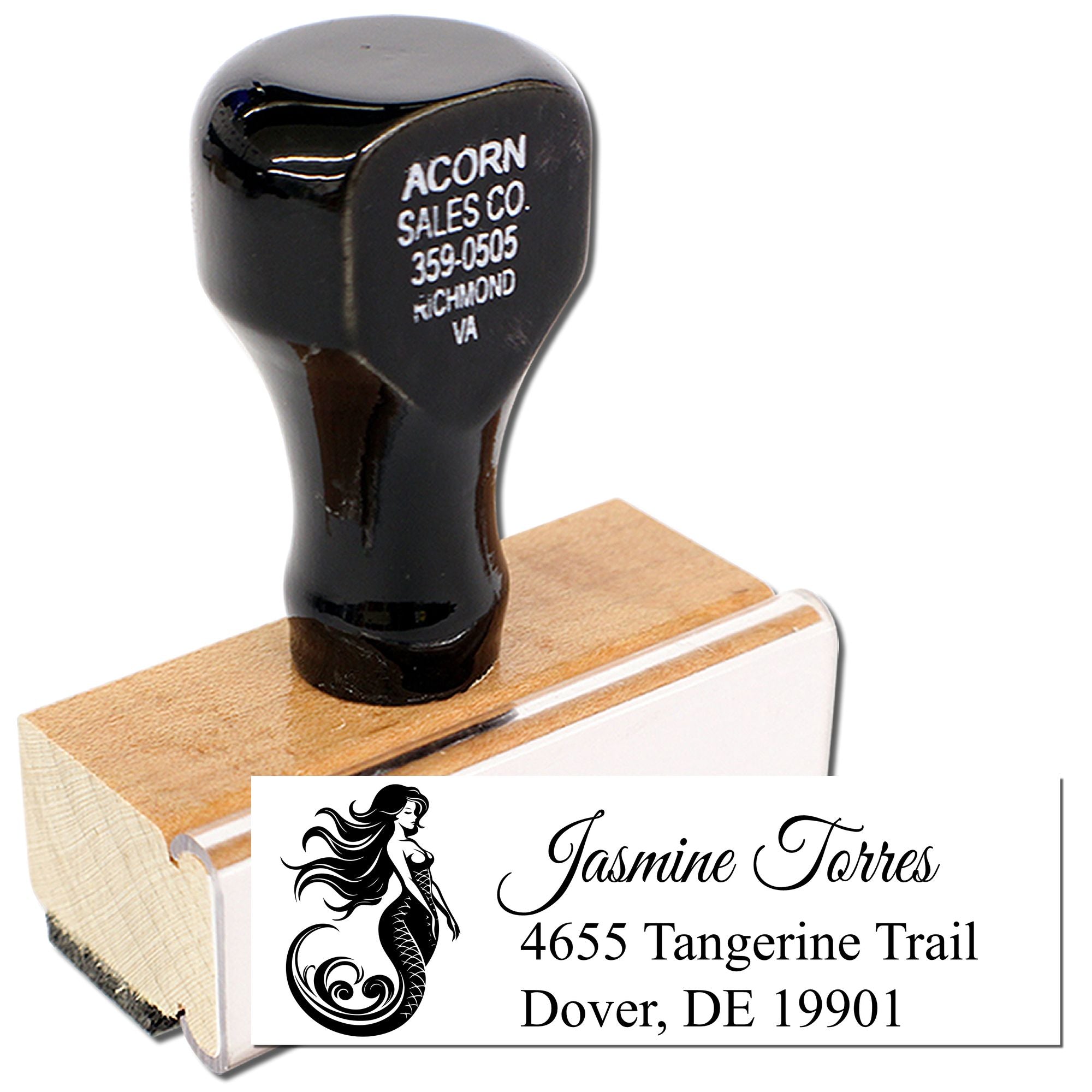 Custom rubber address stamp with mermaid logo for Jasmine Torres, Dover, DE 19901