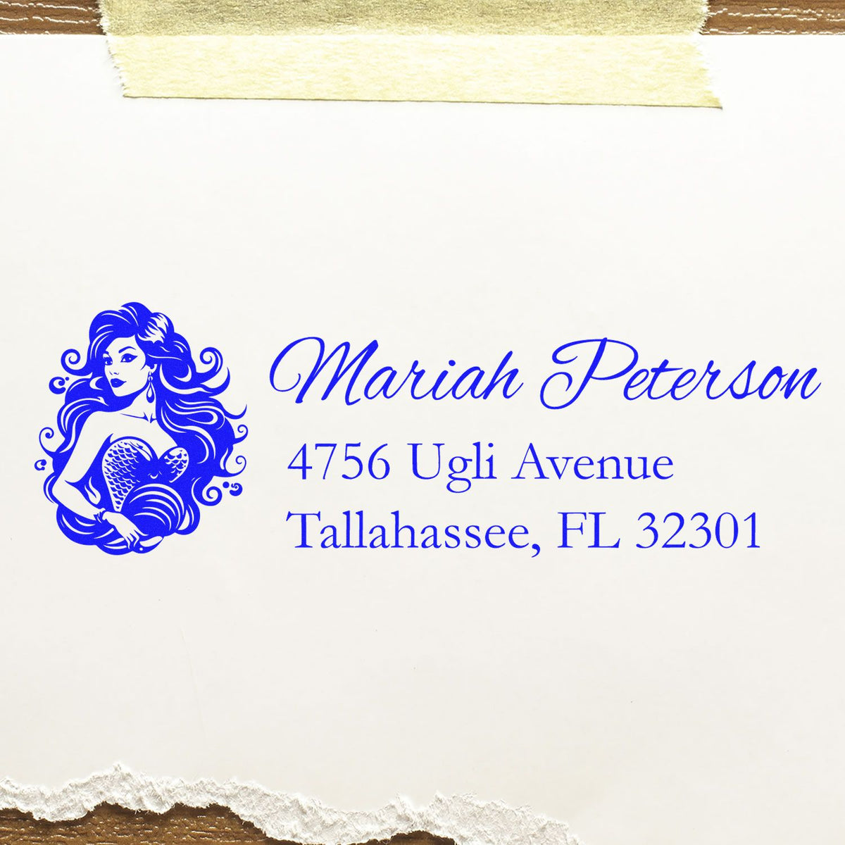 Custom return address rubber stamp with elegant woman design for Mariah Peterson, Tallahassee, FL 32301.