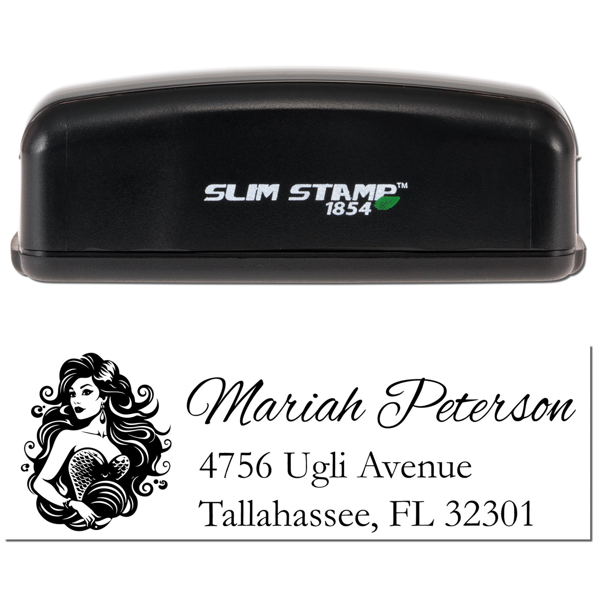 Custom self-inking address rubber stamp with mermaid design, name, street, city, and ZIP code imprint.