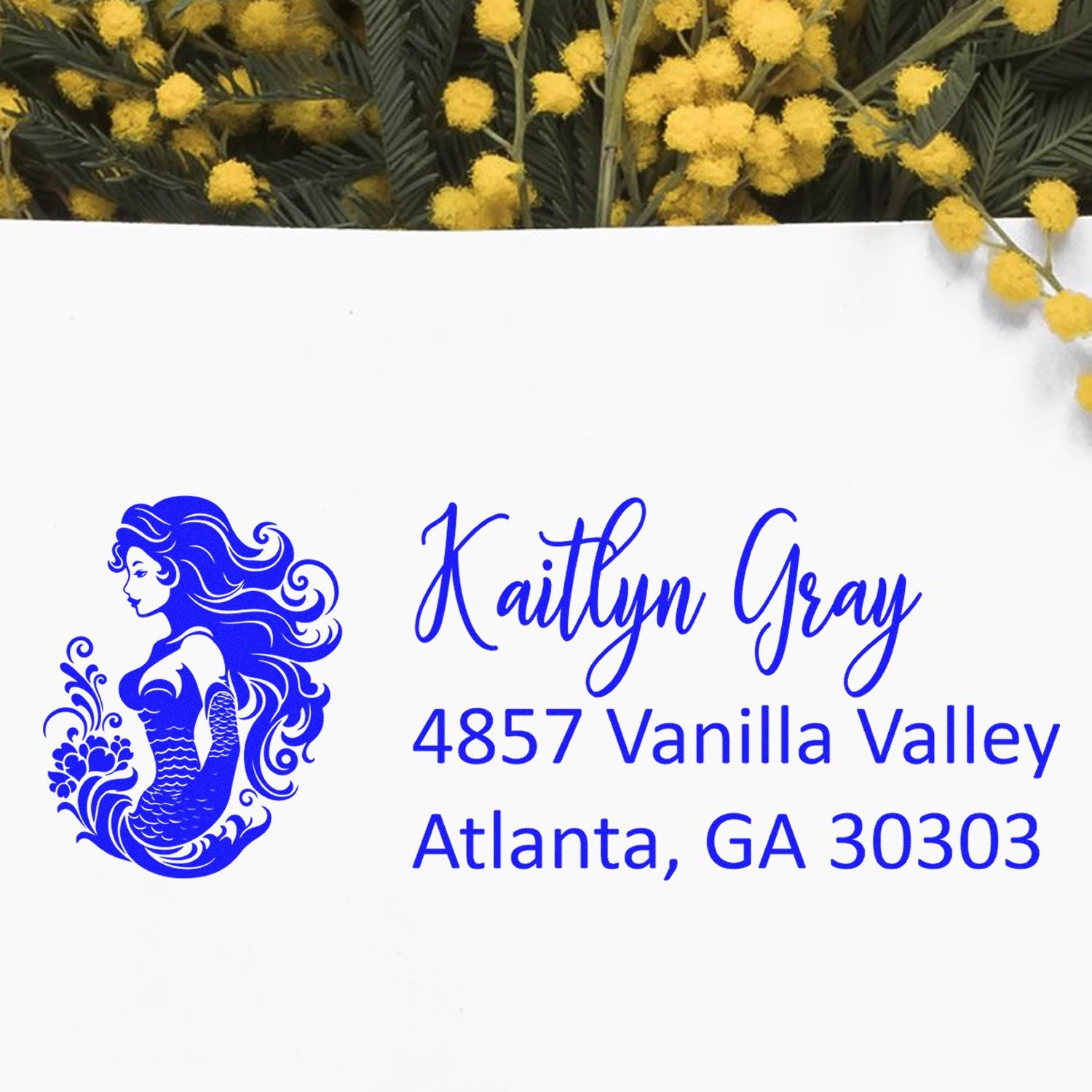 Custom mermaid return address rubber stamp for Kaitlyn Gray, Atlanta GA, with personalized name and address.