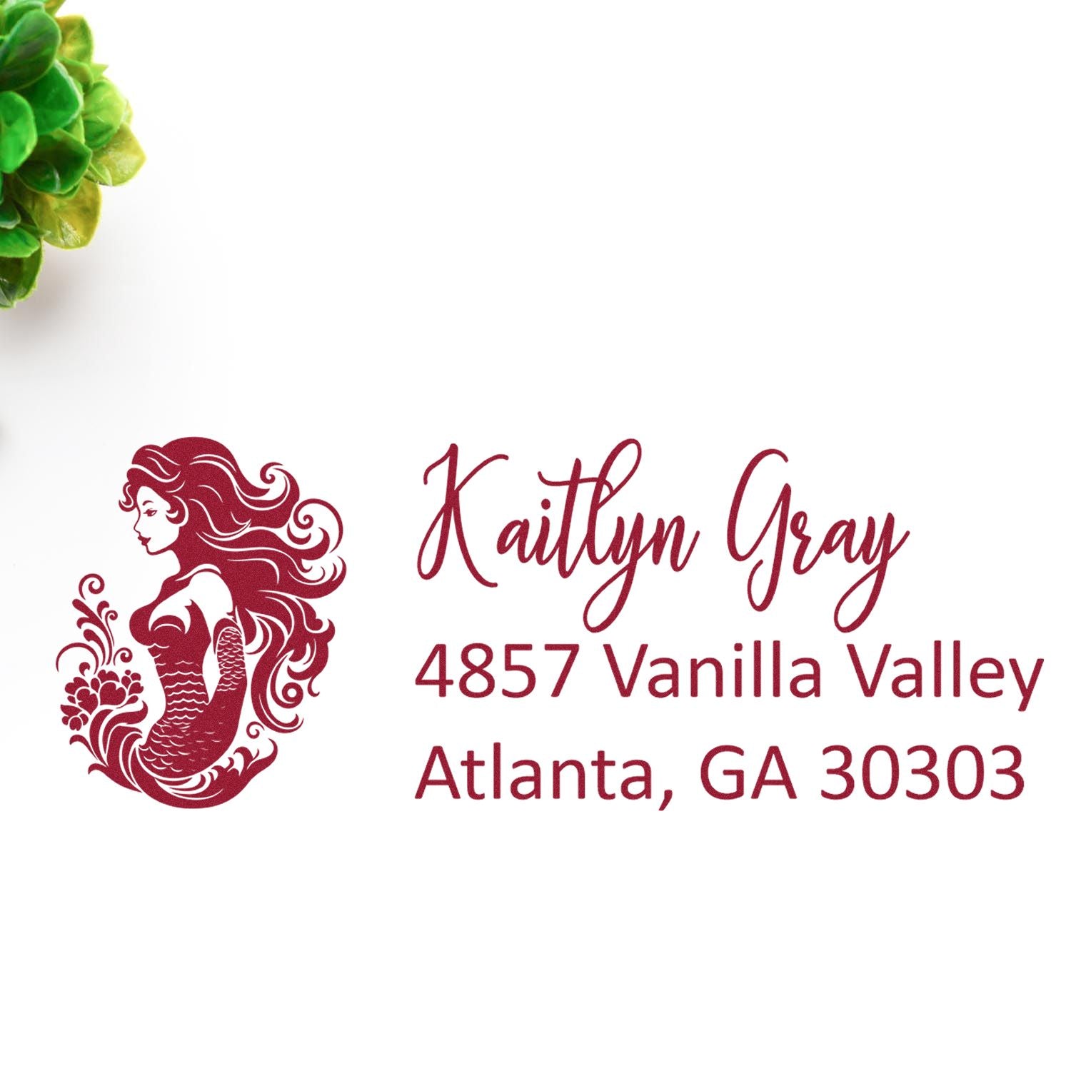 Custom mermaid return address rubber stamp for Kaitlyn Gray, 4857 Vanilla Valley, Atlanta, GA 30303