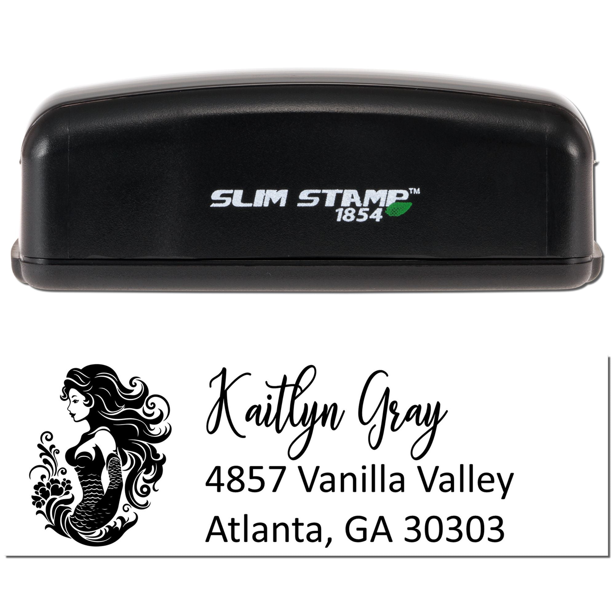 Custom self-inking address rubber stamp with mermaid design and personalized name and address imprint, Slim Stamp 1854 style.