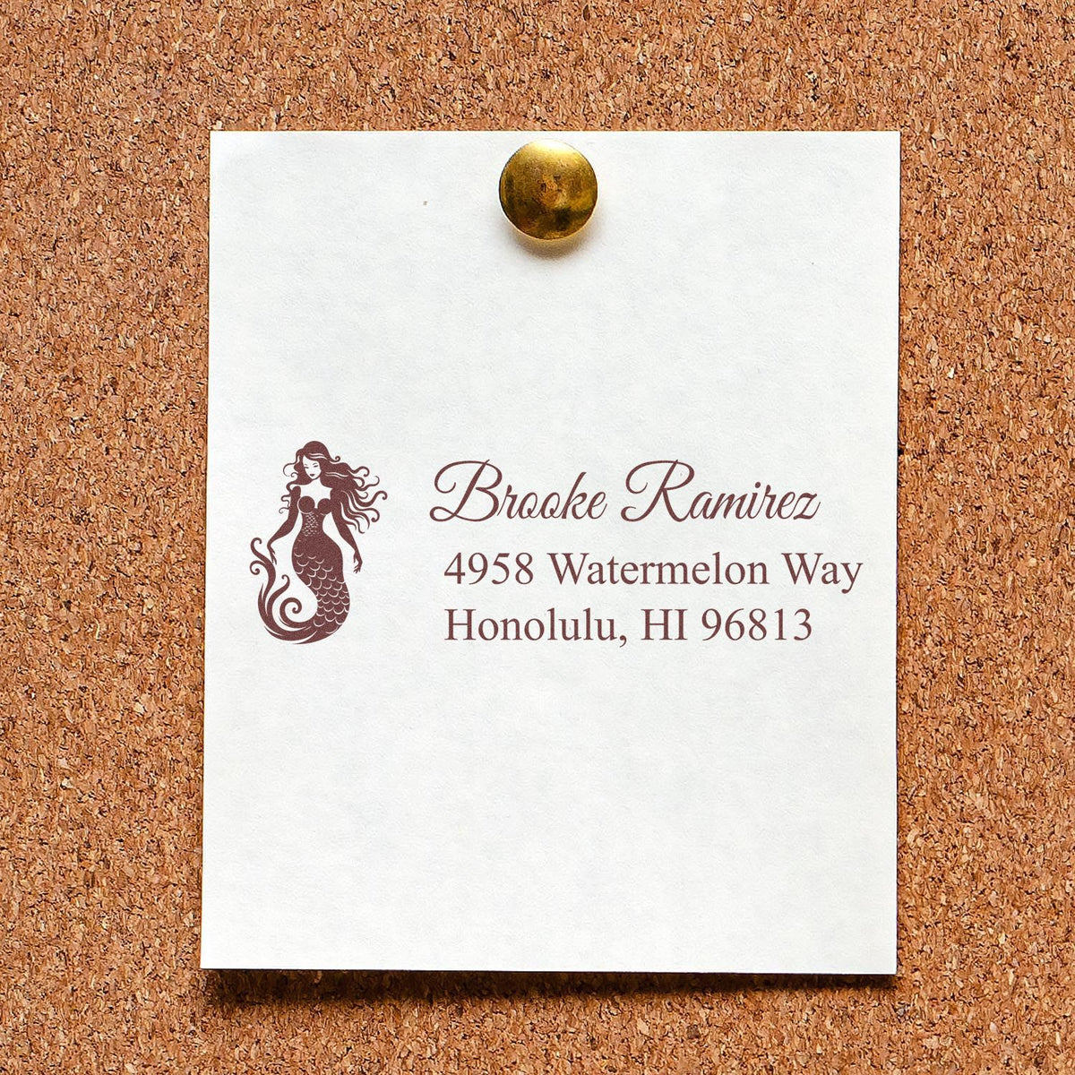 Personalized mermaid return address rubber stamp with Brooke Ramirez, Honolulu, HI 96813.