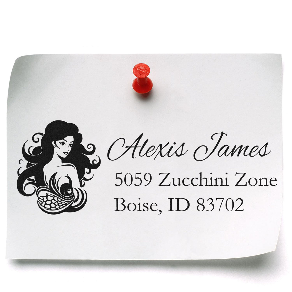 Custom mermaid return address rubber stamp for Alexis James, Boise, ID 83702 on white paper.
