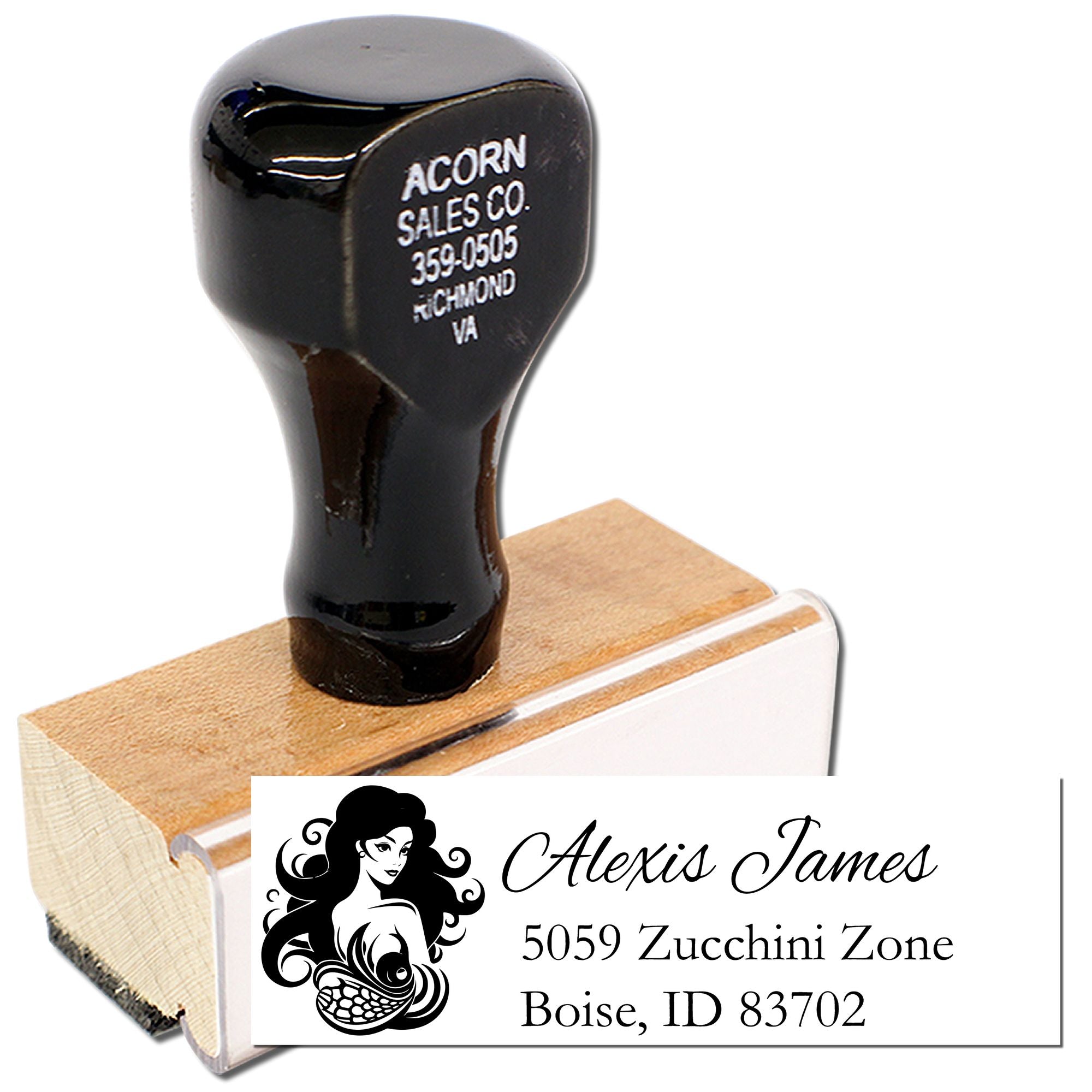 Custom rubber address stamp with business name, Boise ID mailing address, and decorative logo for personalized correspondence.
