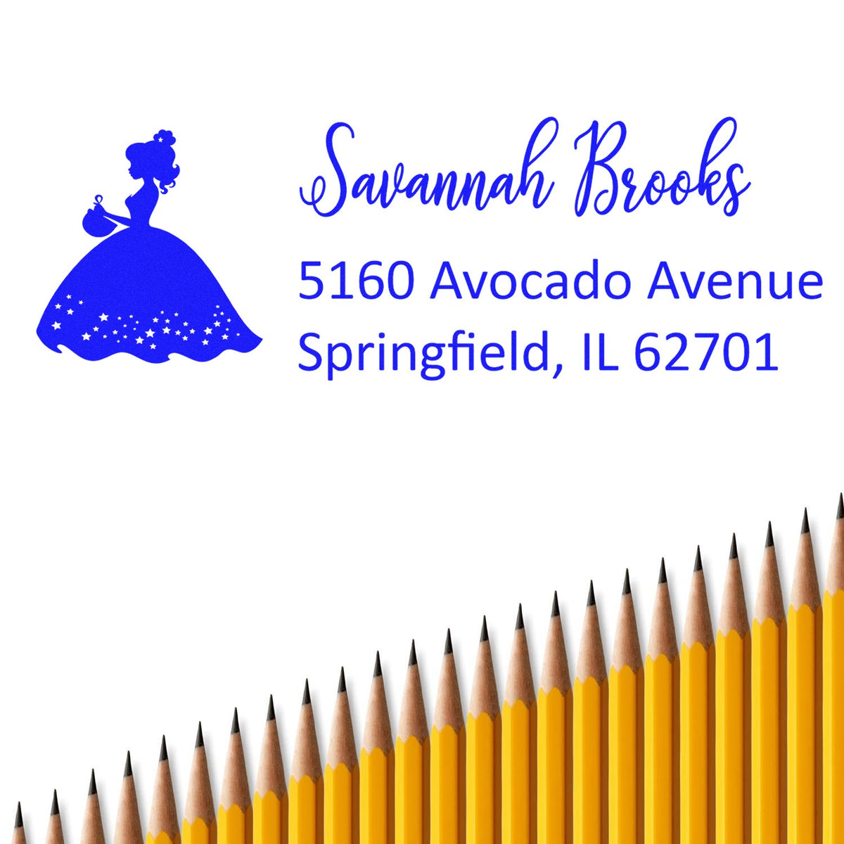 Custom princess return address rubber stamp for Savannah Brooks, 5160 Avocado Avenue, Springfield, IL 62701.