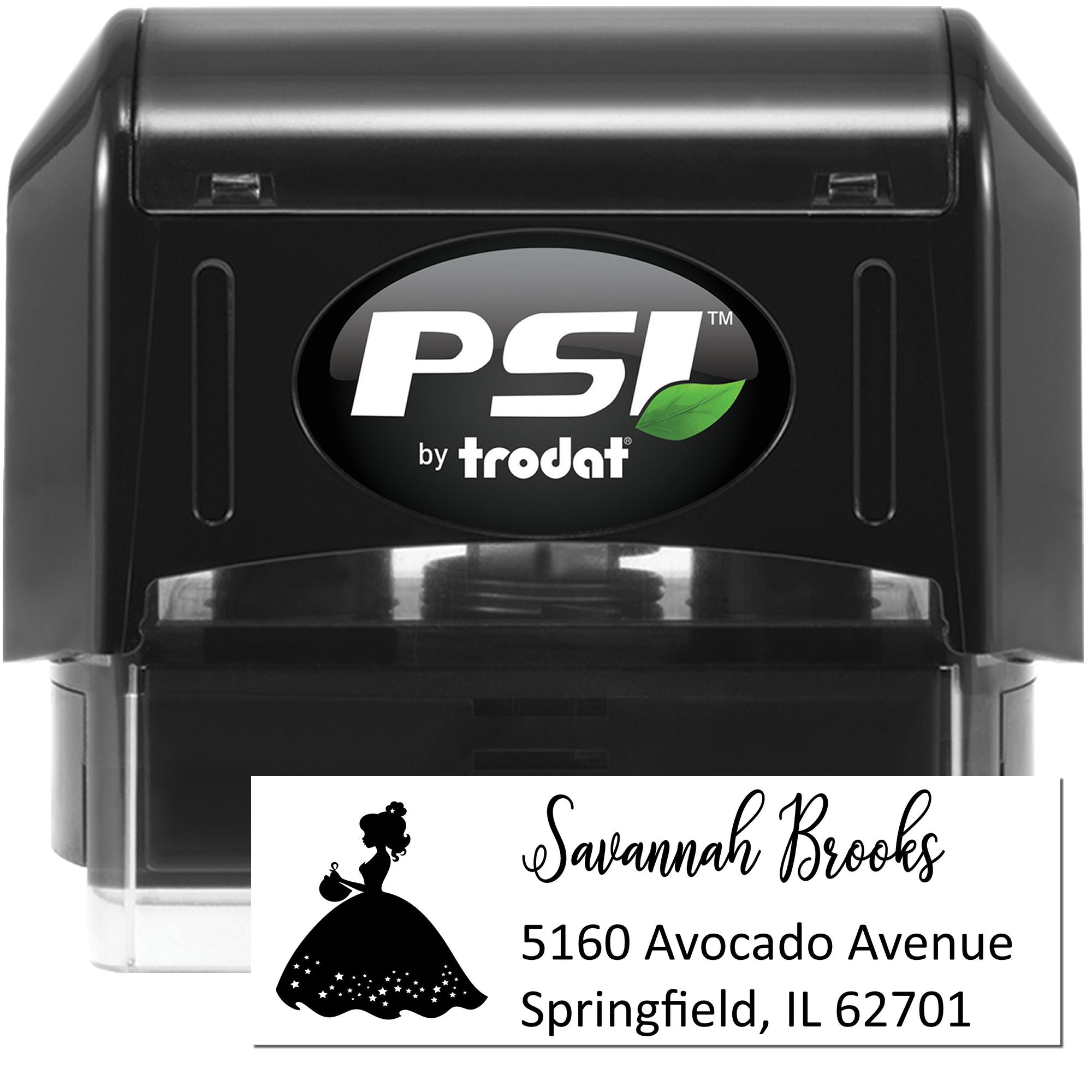 Custom self-inking address rubber stamp by PSI Trodat with Savannah Brooks name and Springfield, IL mailing address.